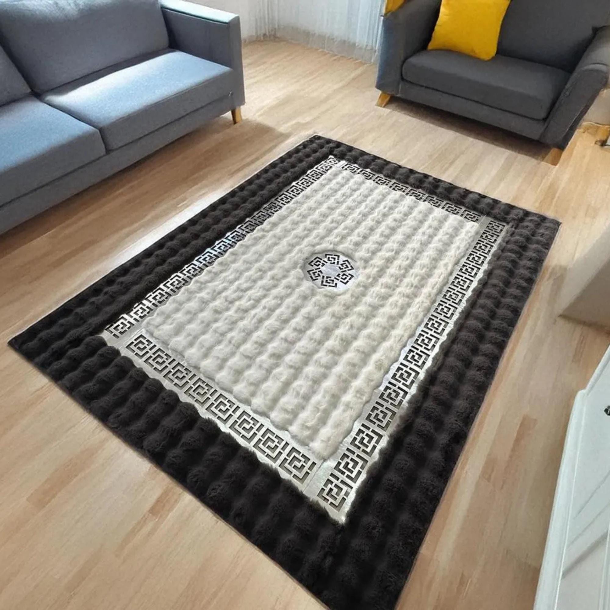 White Faux Fur Area Rug, Black Border, Geometric Accent