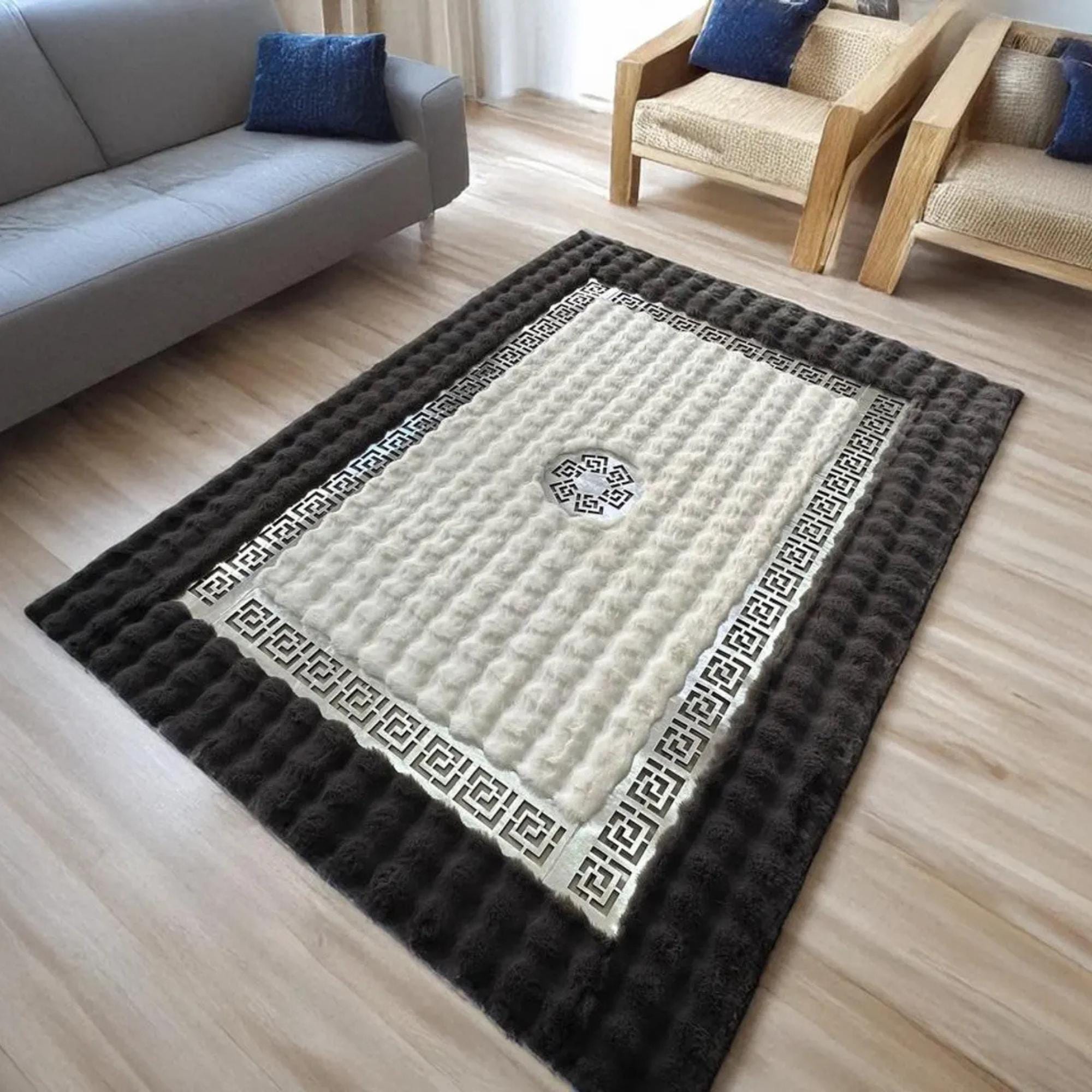 White Faux Fur Area Rug, Black Border, Geometric Accent