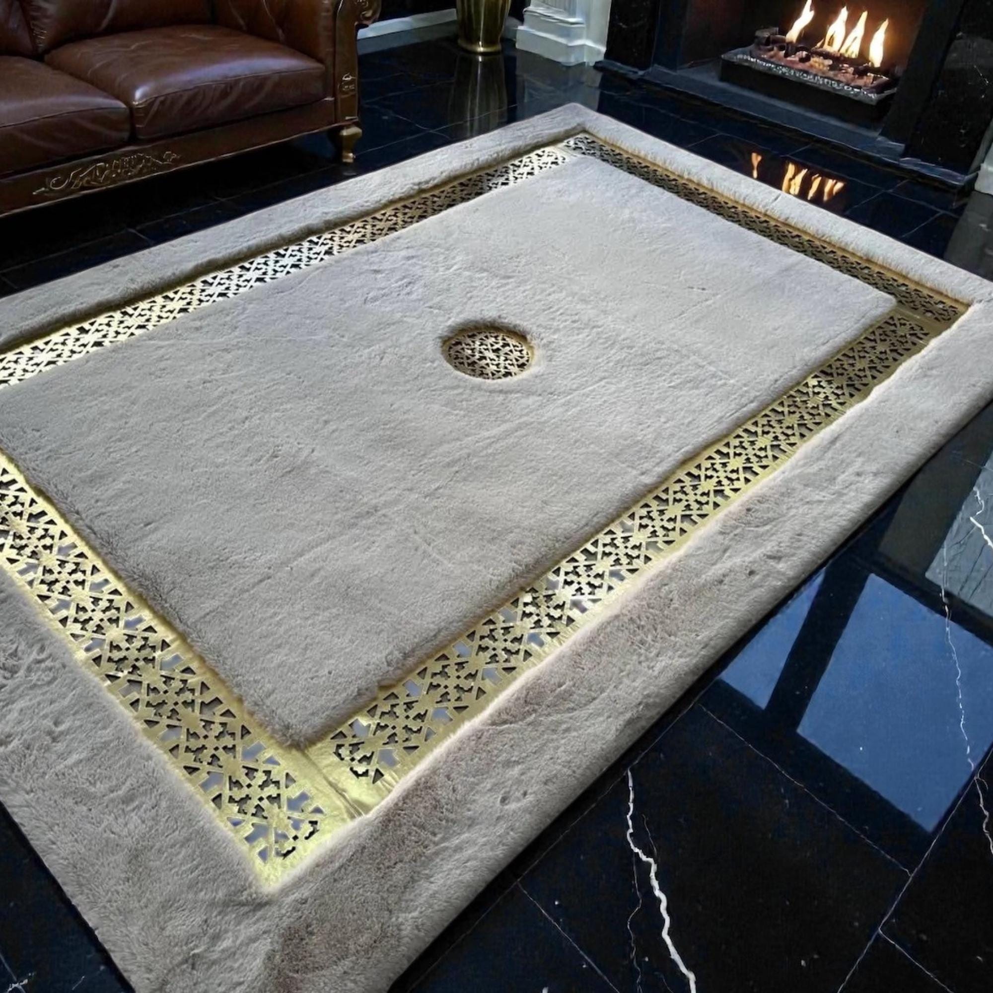Beige Plush Rug, Gold Geometric Border, Modern Decor