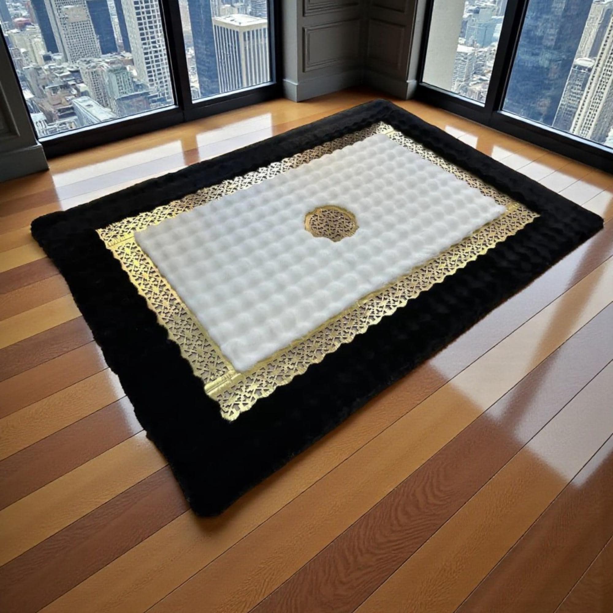 White and Black Faux Fur Rug, Gold Geometric Glam Decor, Black Border