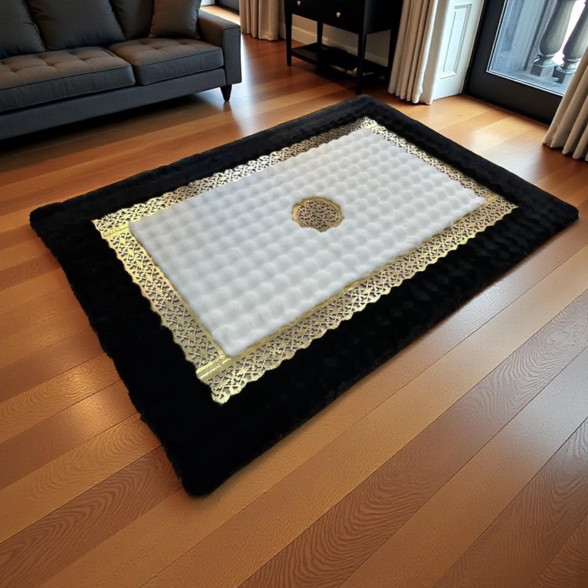 White and Black Faux Fur Rug, Gold Geometric Glam Decor, Black Border