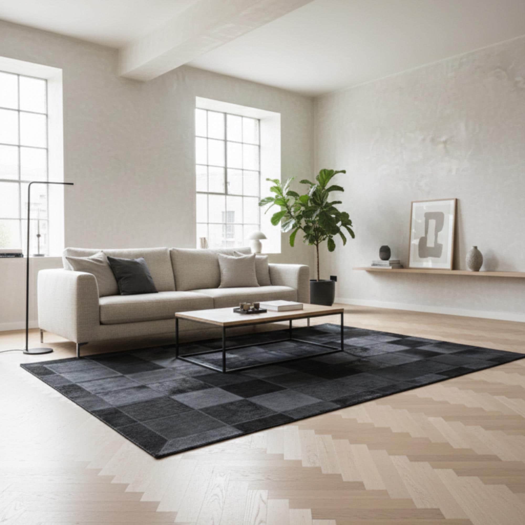 Black Cowhide Rug, Dark Patchwork Area Rug, Modern Leather Living Room Rug