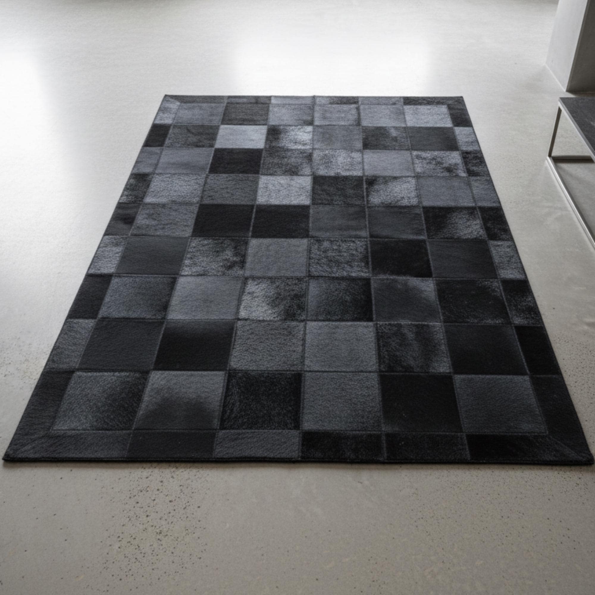 Black Cowhide Rug, Dark Patchwork Area Rug, Modern Leather Living Room Rug