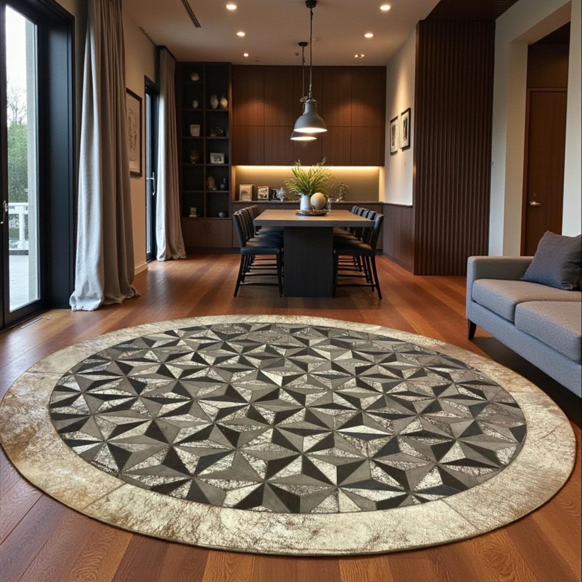Round Cowhide Rug, Geometric Circle Rug, Grey Patchwork Rug,