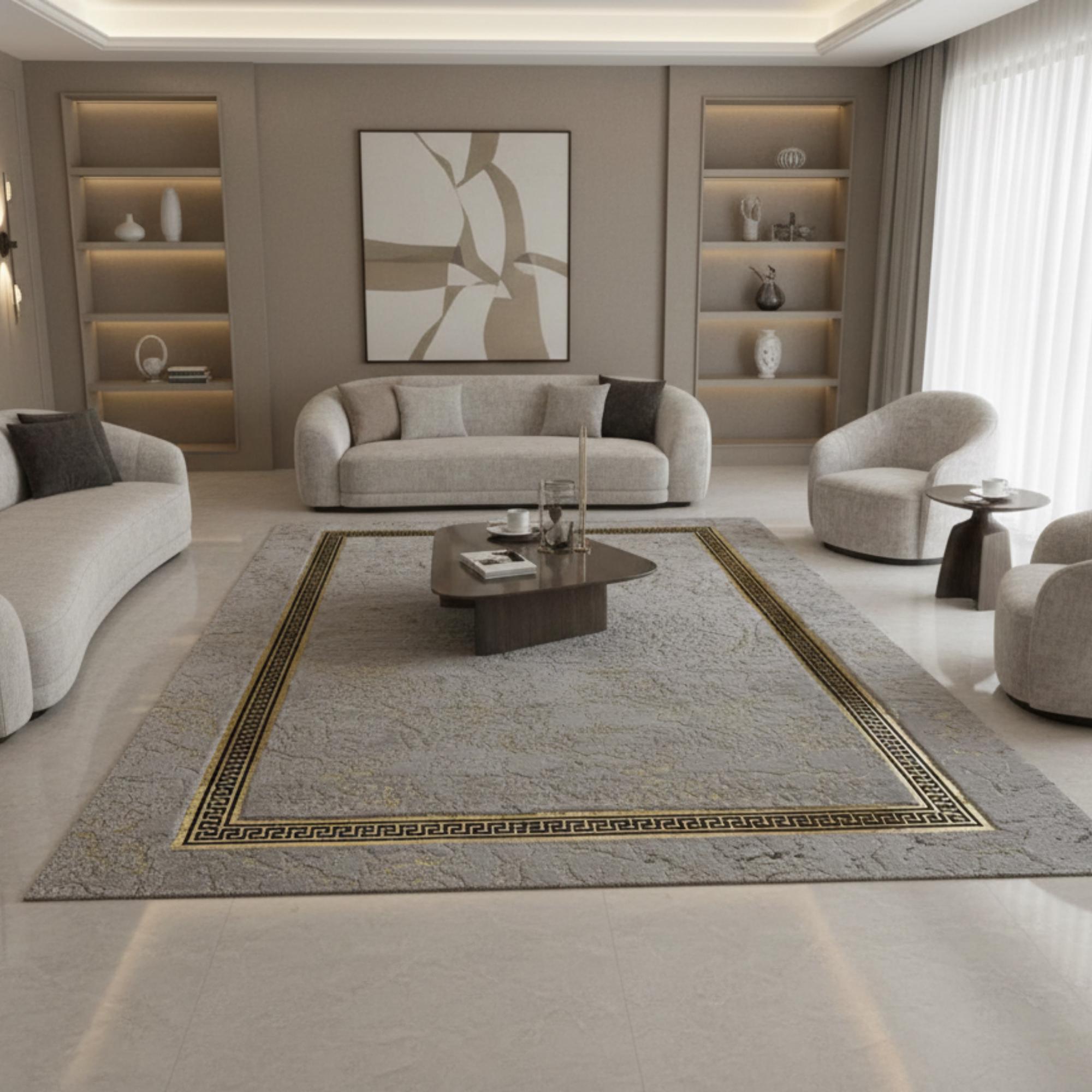 Gray and Gold Rug, Luxury Plush Area Rug, Modern Geometric Living Room Rug