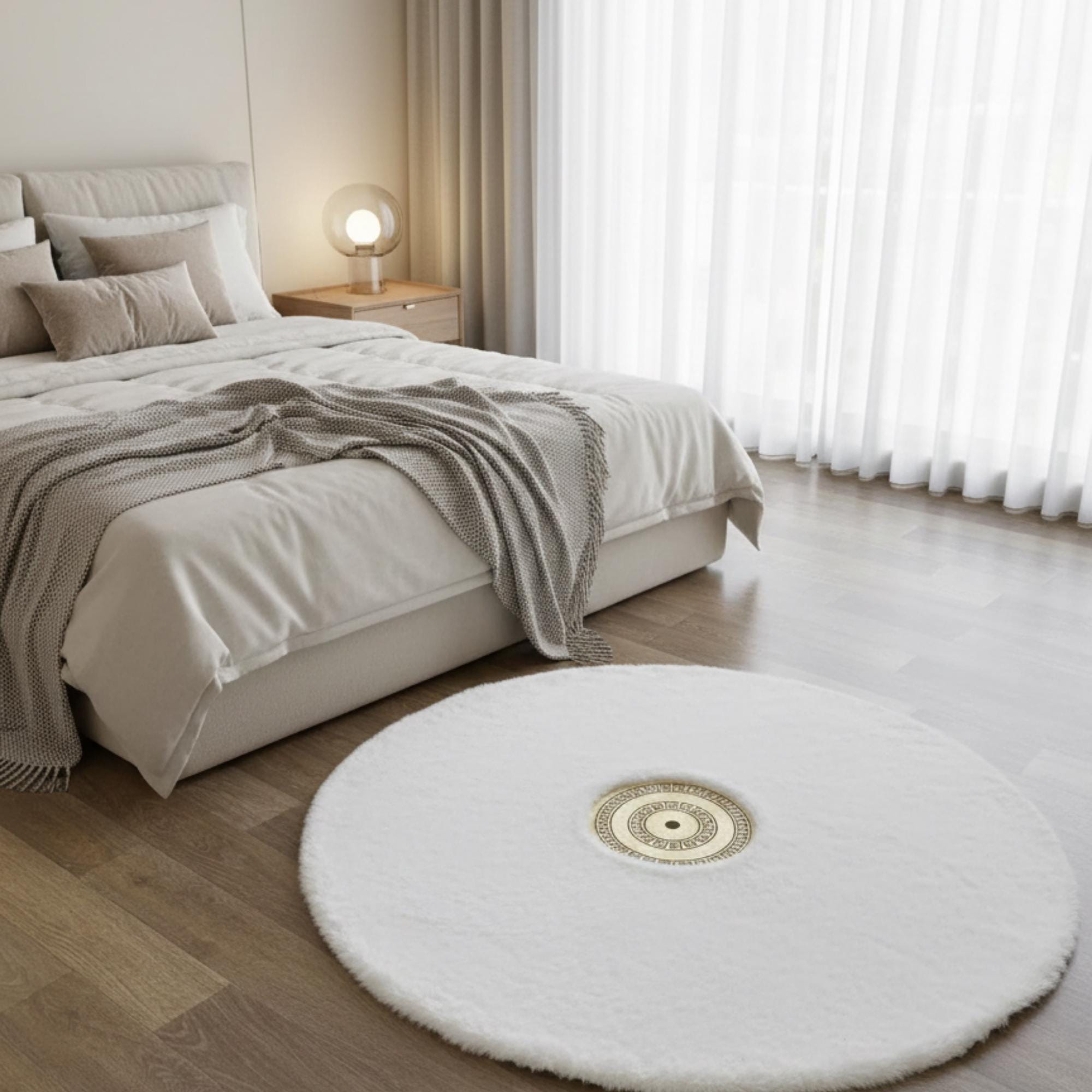 White Faux Fur Round Rug, Gold Medallion, Modern Glam Decor