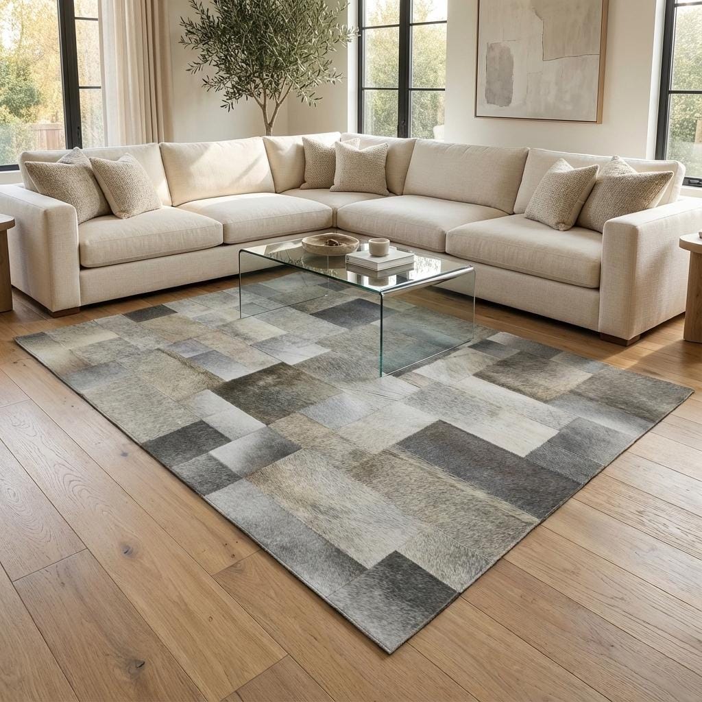 Grey Patchwork Cowhide Rug, Geometric Hair on Hide, Custom Size