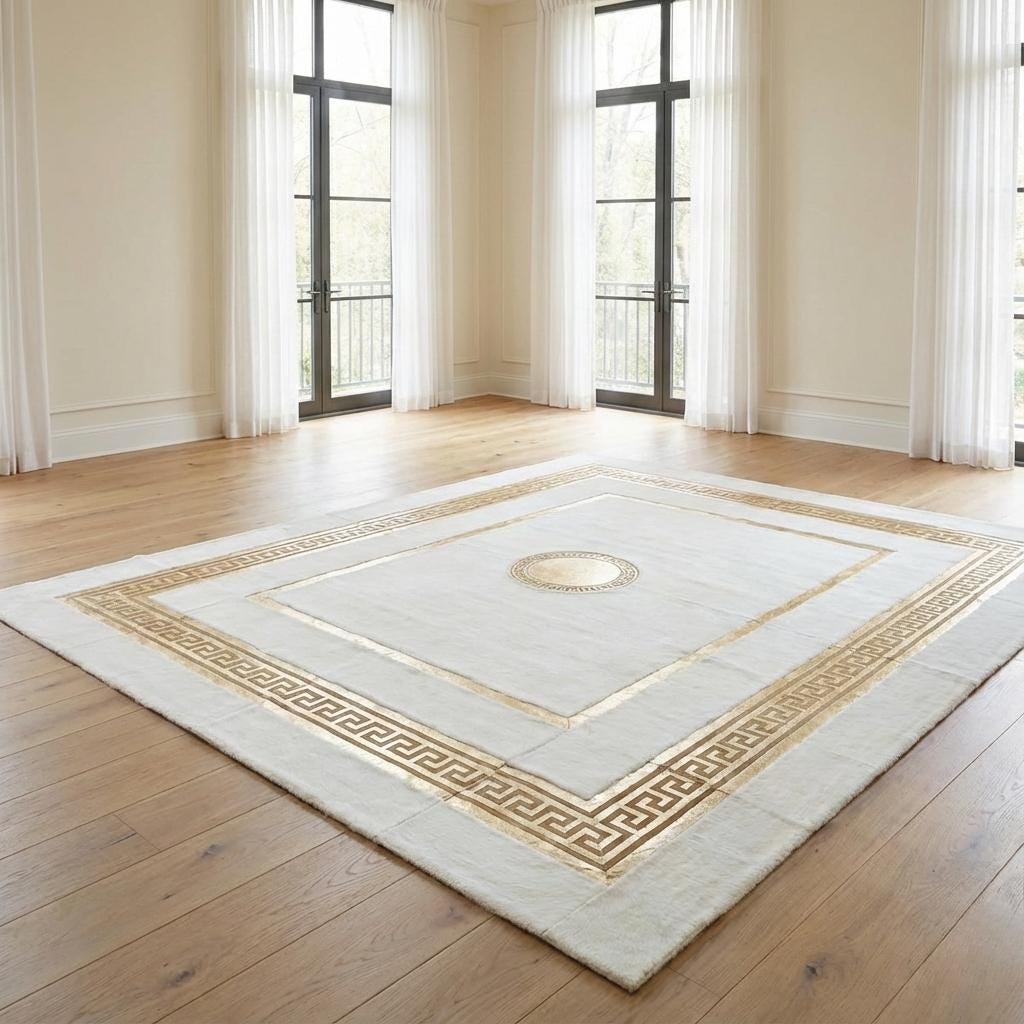 White Plush Rug, Gold Geometric Border, Art Deco Carpet