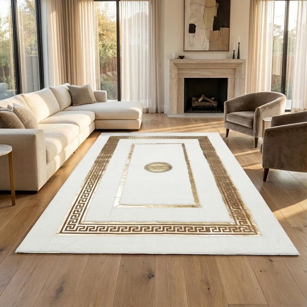 White Plush Rug, Gold Geometric Border, Art Deco Carpet