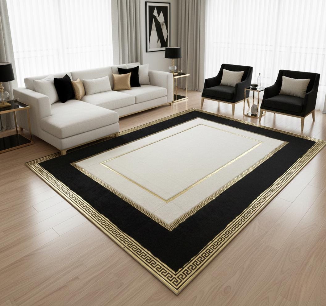 Black and White Plush Rug, Gold Line Modern Abstract Carpet