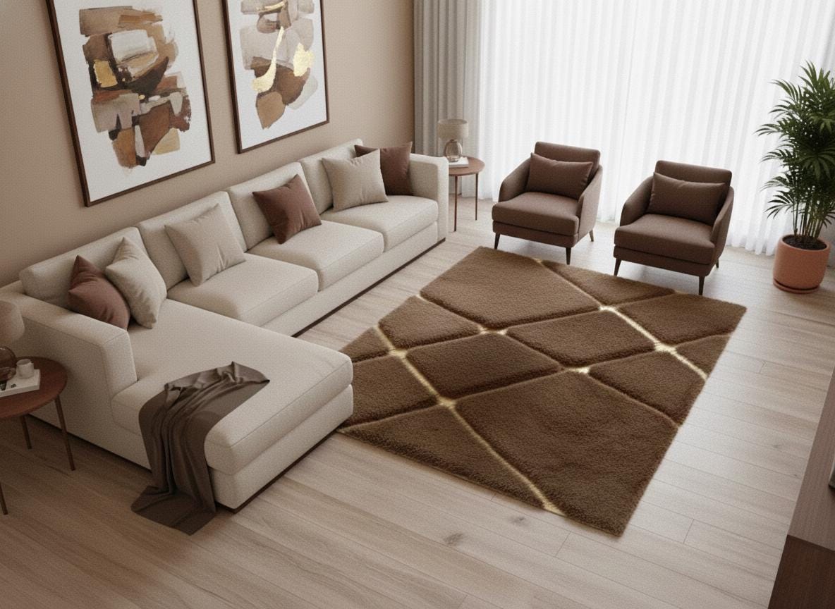 Brown Plush Rug, Gold Geometric Lines, Modern Glam Decor