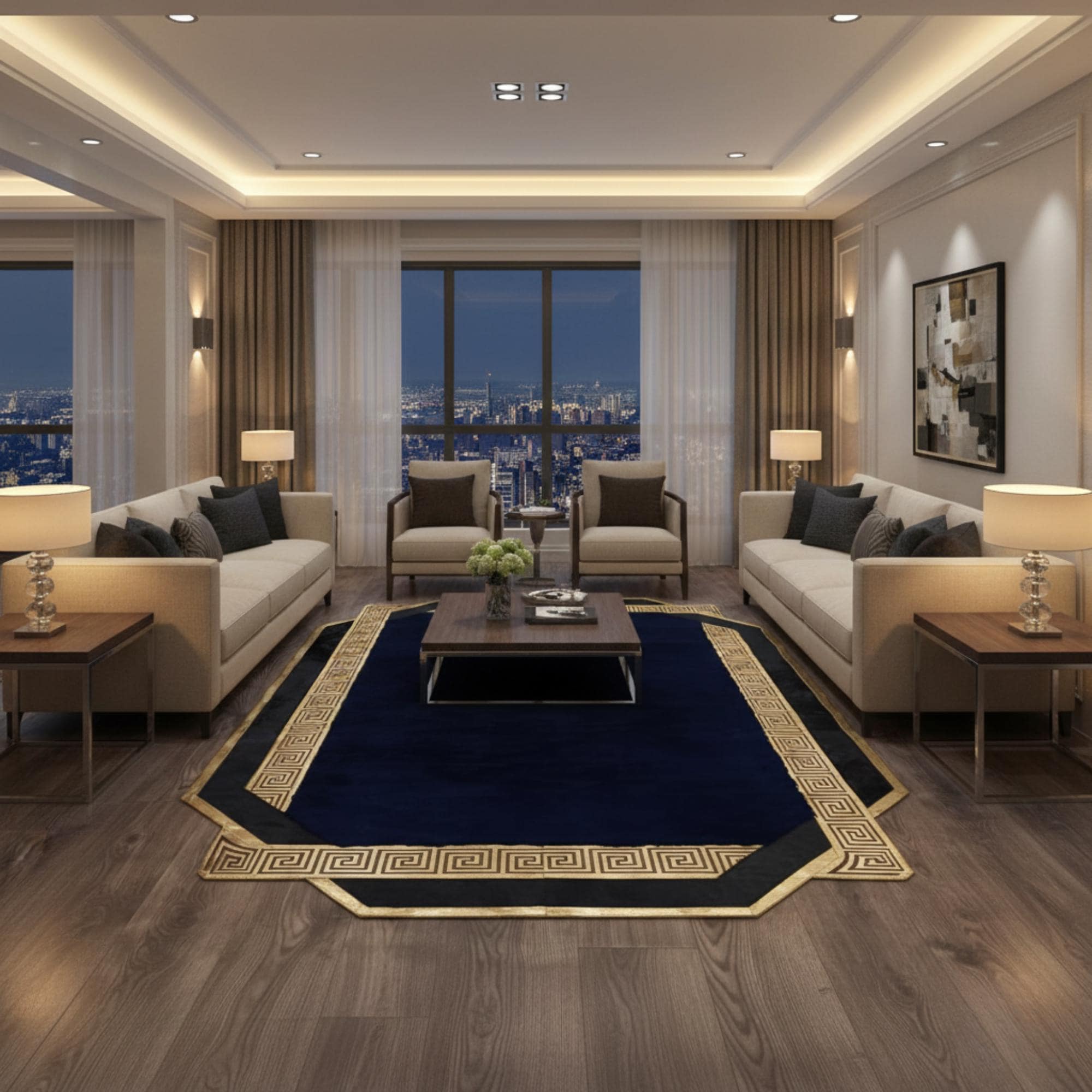 Black and Gold Rug, Luxury Plush Area Rug, Modern Geometric Living Room Rug,