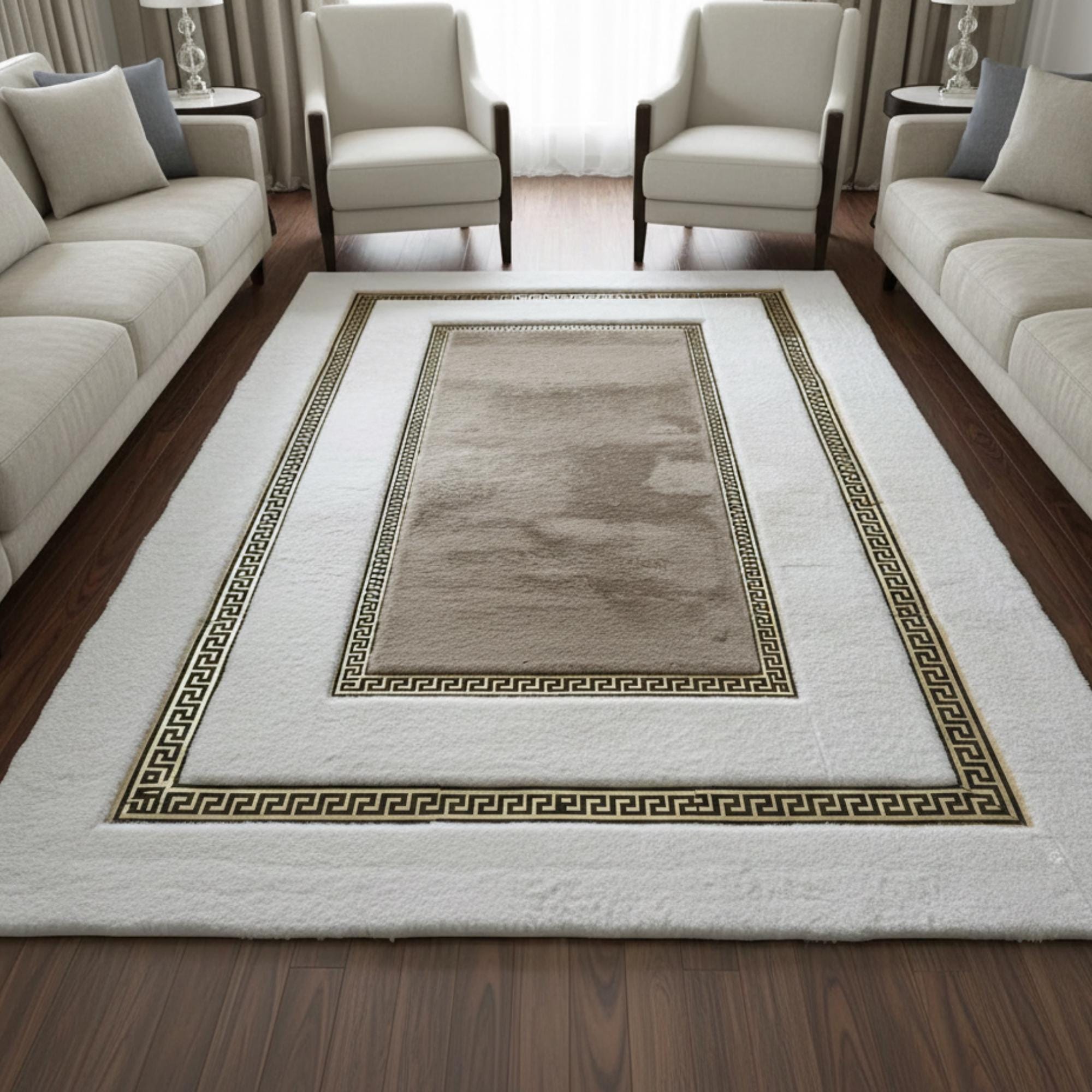White and Cream Center with Gold Geometric Border Plush Rug, Area Rug