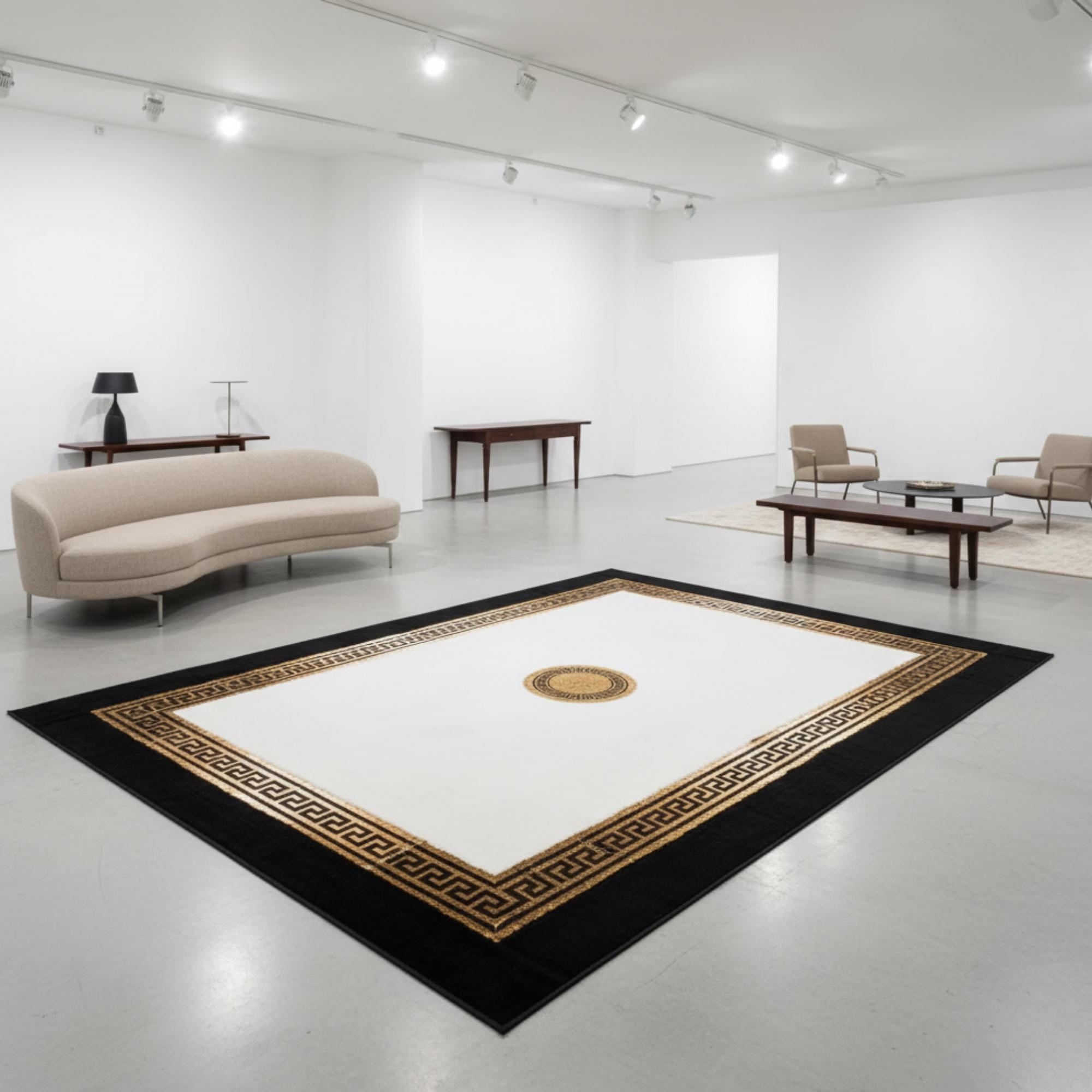 White Black and Gold Rug, Luxury Plush Area Rug, Modern Geometric Living Room Rug