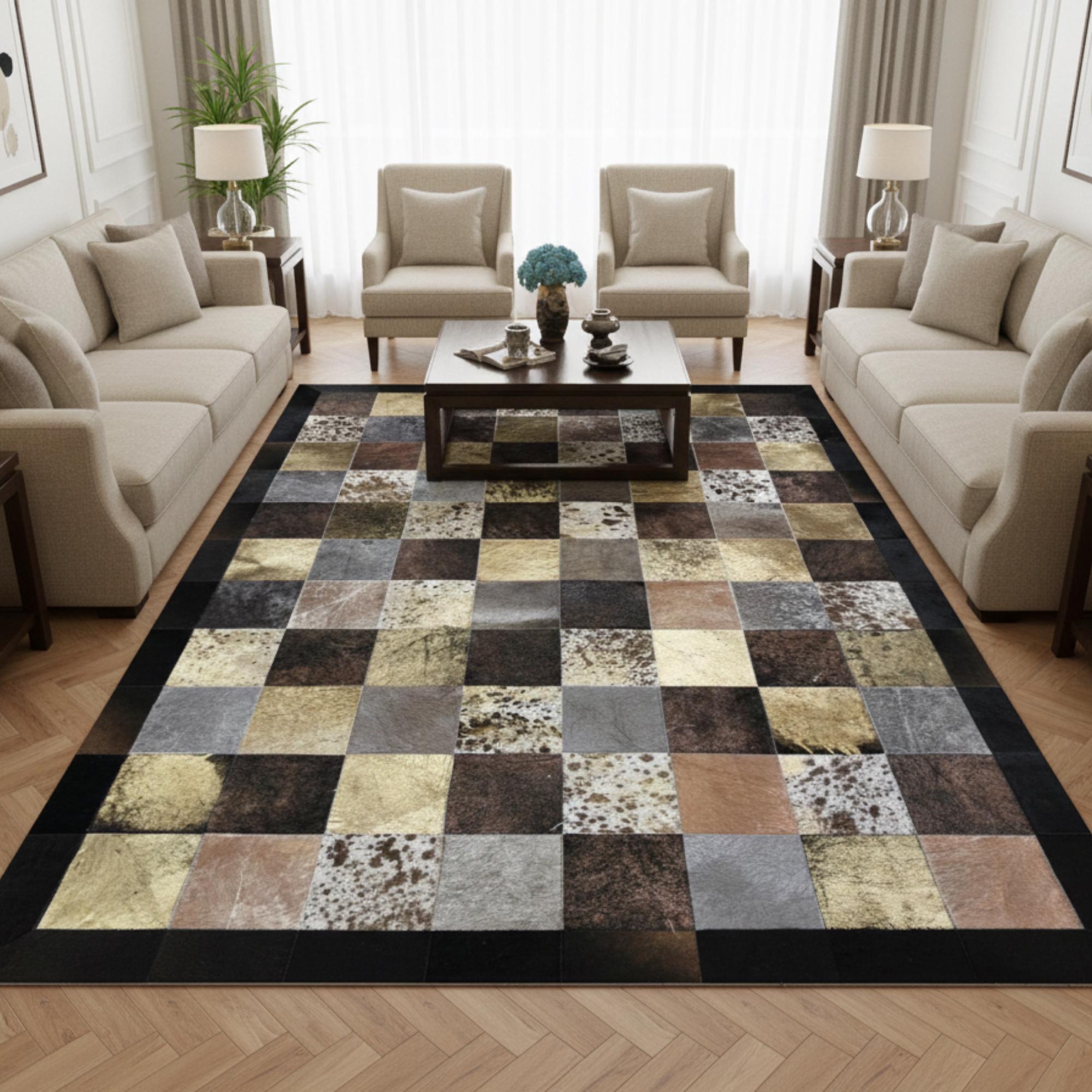 Multicolor Cowhide Rug, Patchwork Area Rug, Metallic Gold and Silver Carpet