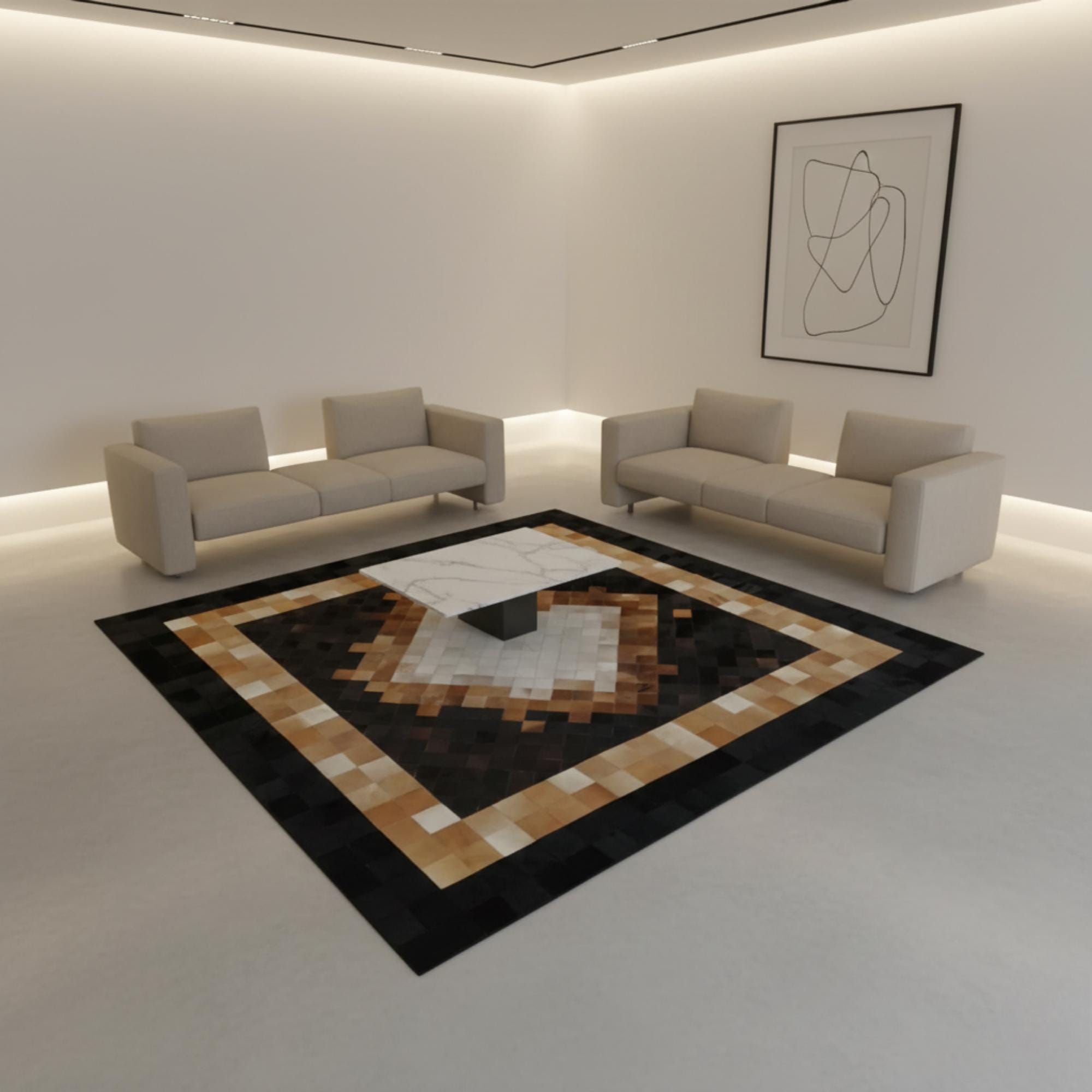 Black Brown and White Rug, Cowhide Patchwork Area Rug, Geometric Leather