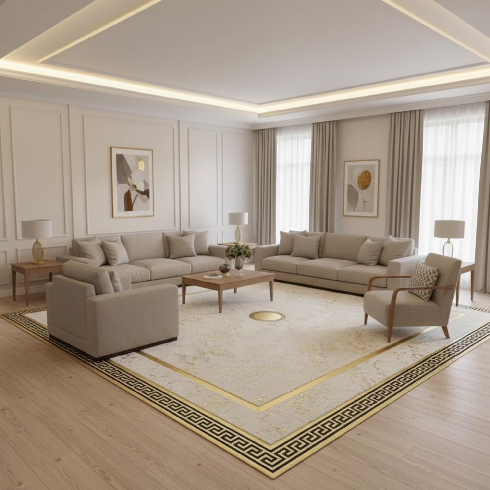White and Gold Luxury Plush Rug, Plush Hallway Rug, Modern Geometric