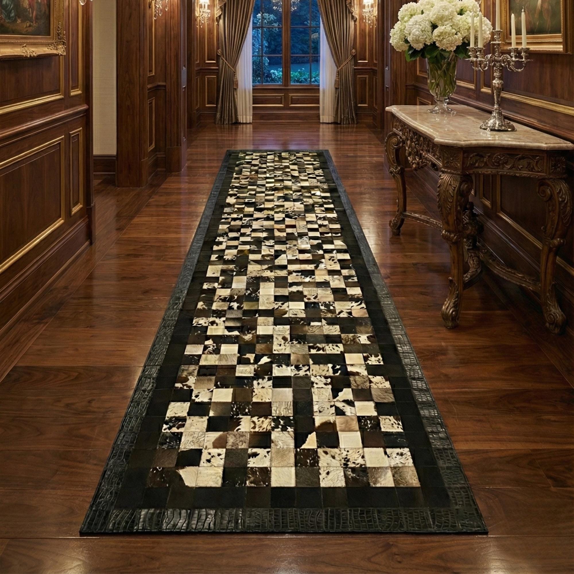 Black and Brown Runner Rug, Cowhide Hallway Rug, Patchwork Leather