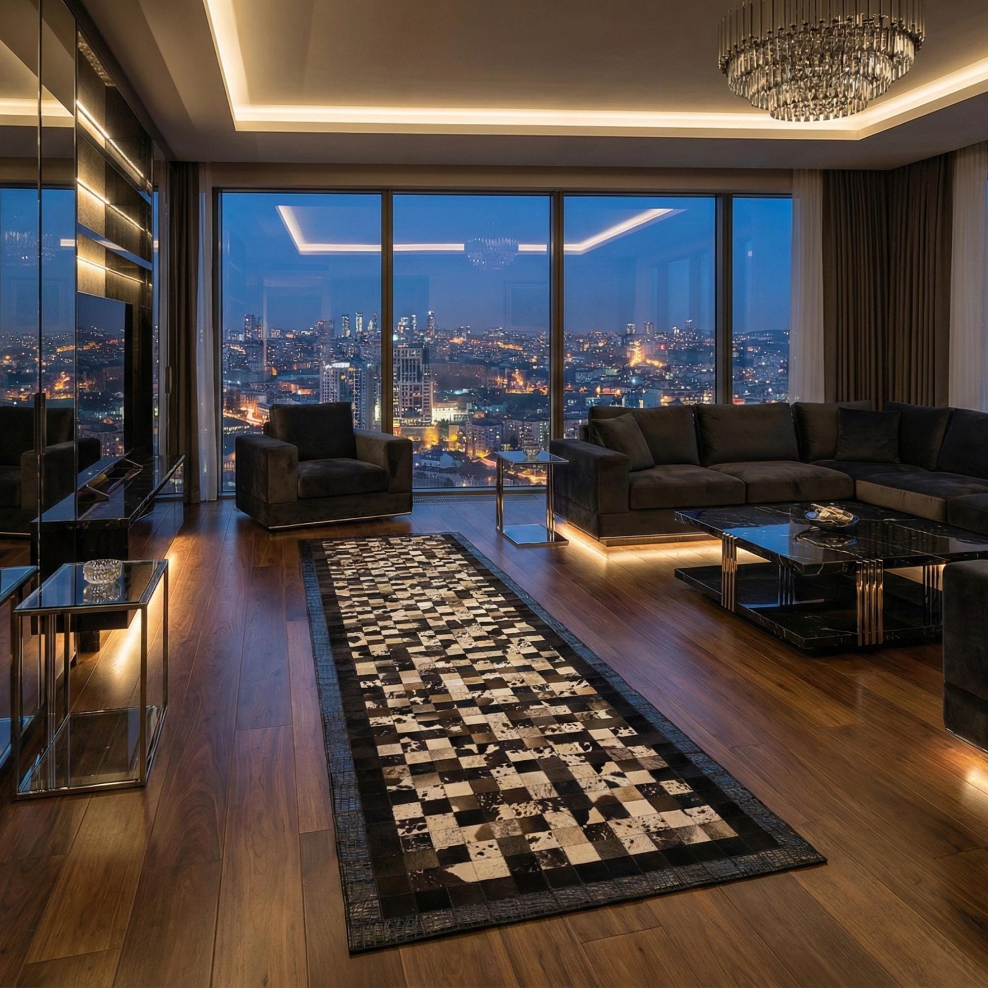 Black and Brown Runner Rug, Cowhide Hallway Rug, Patchwork Leather