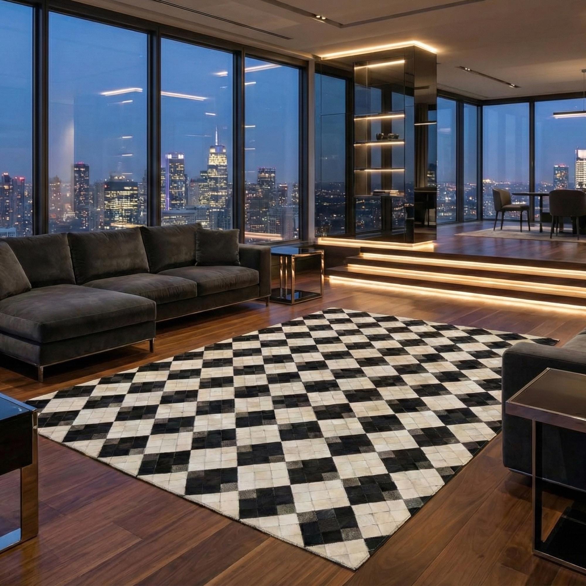 Black and White Rug, Cowhide Patchwork Area Rug, Modern Checkered Leather Rug