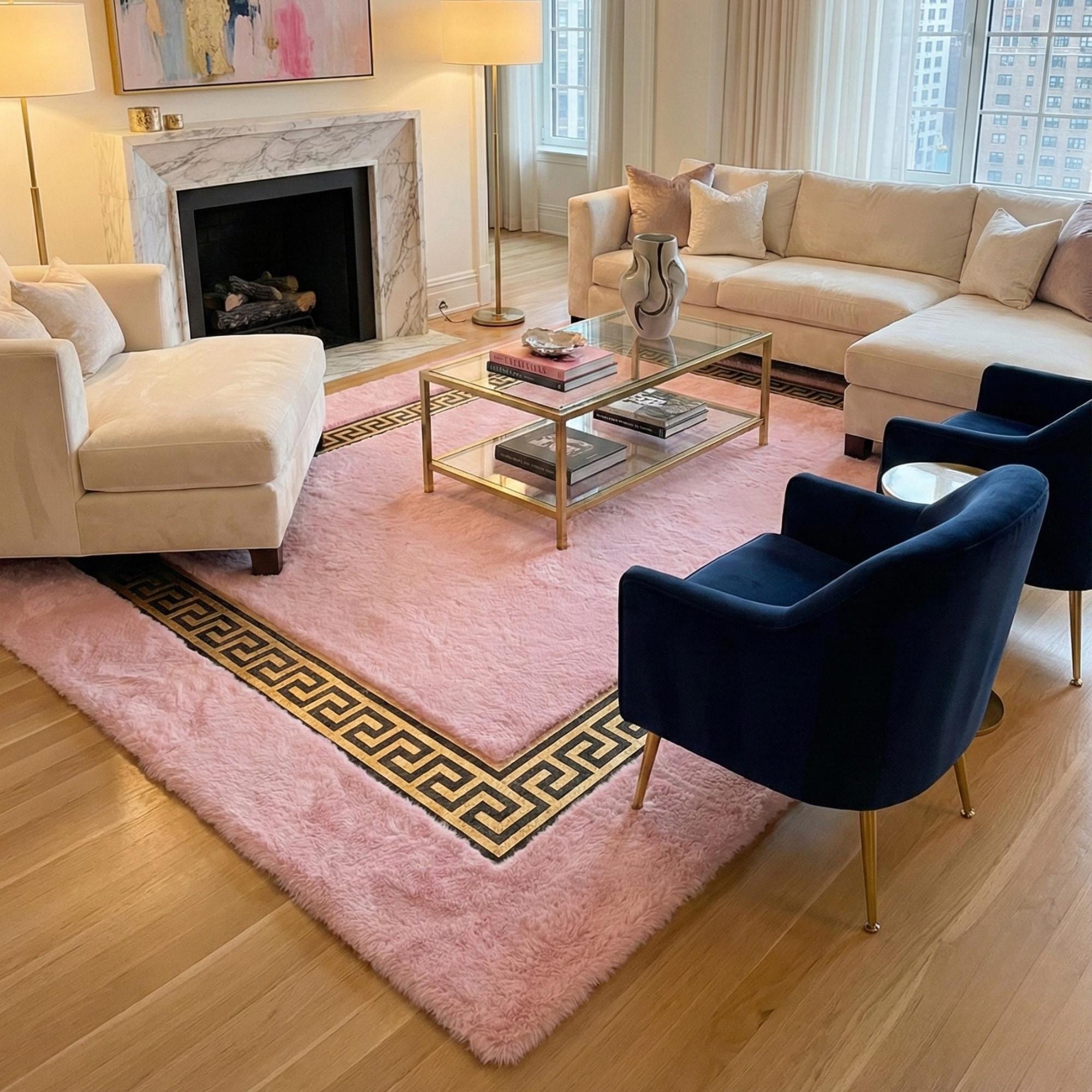 Pink and Gold Plush Rug, Blush Area Rug, Soft Pink Fur Rug,