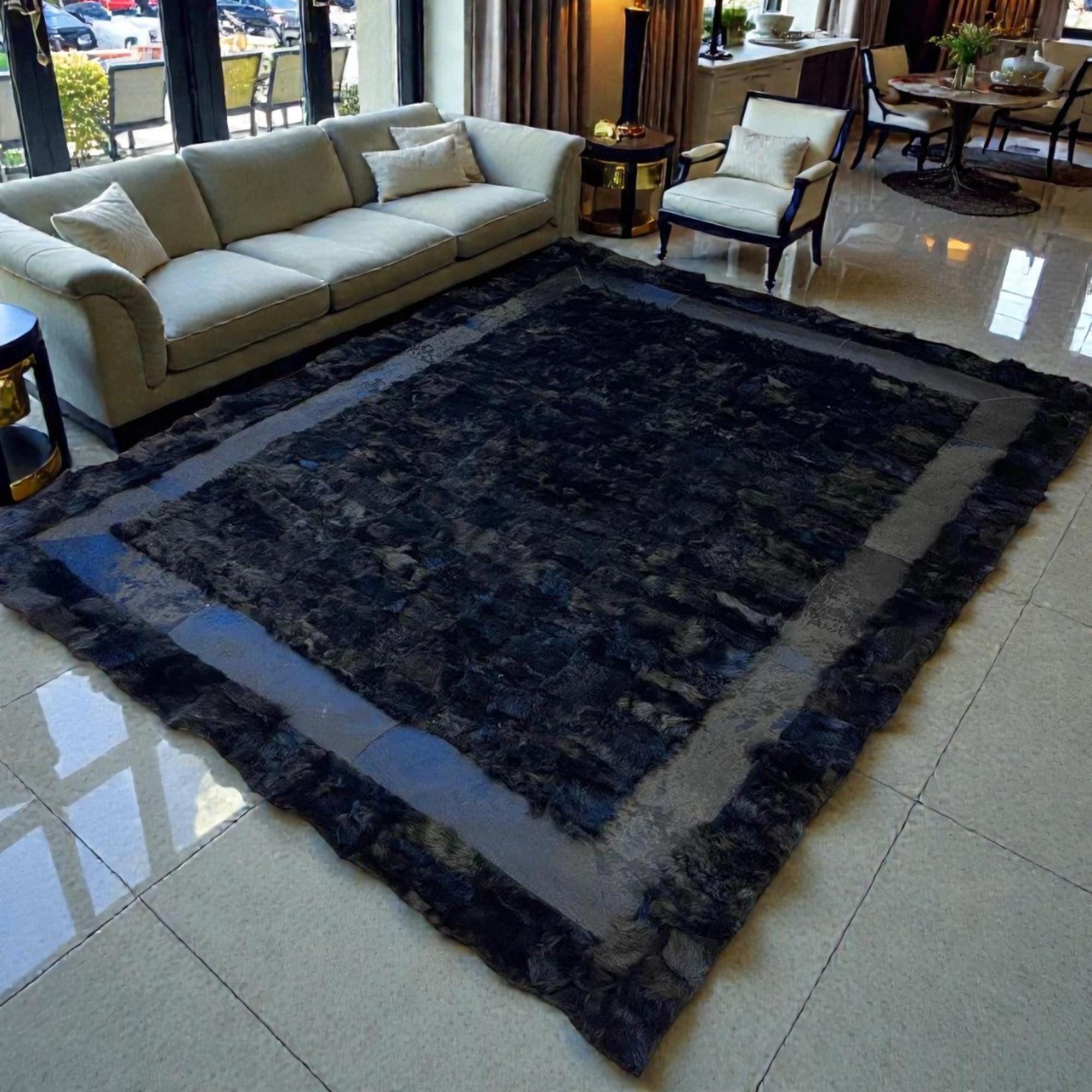 Black Tuscan Rug, Luxury Fur Area Rug, Modern Plush Living Room Rug