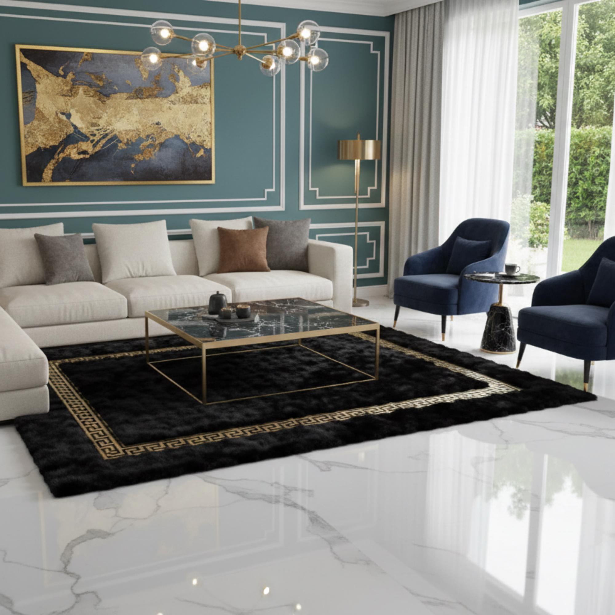 Black and Gold Rug, Luxury Plush Area Rug, Modern Luxury Living Room Area Rug,