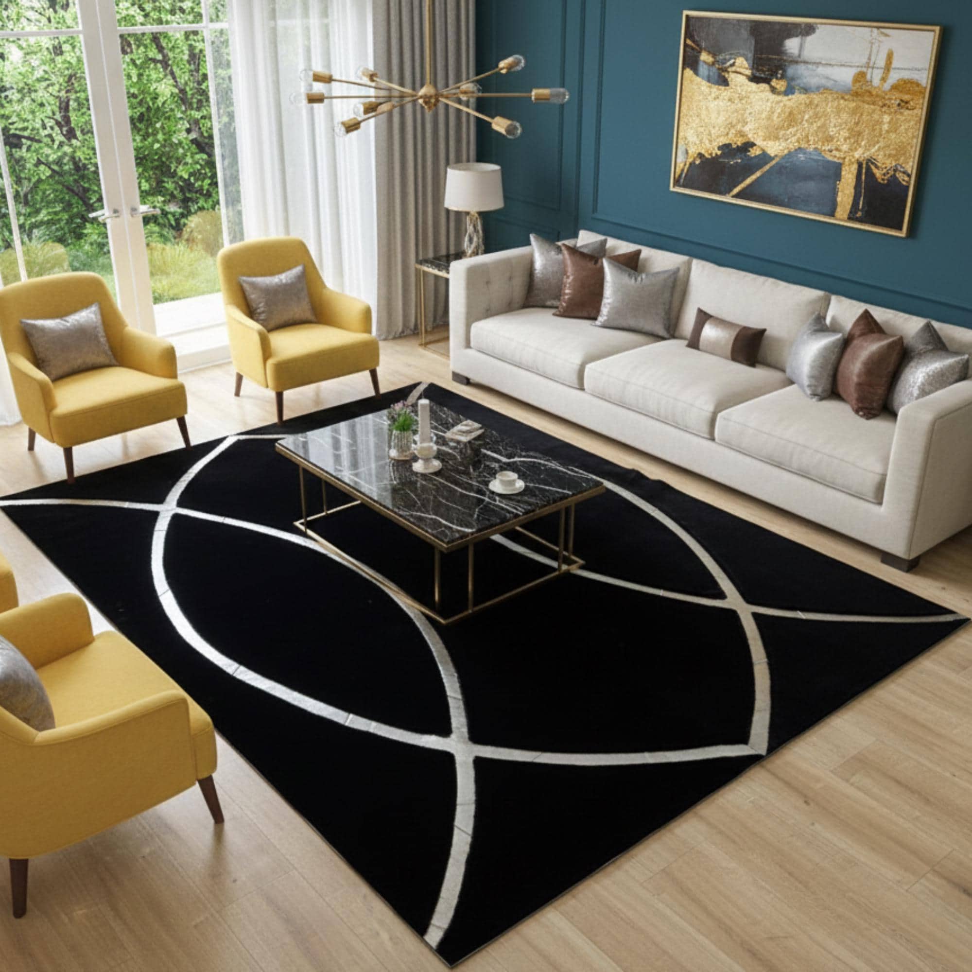 Black and Silver Plush Rug, Luxury Plush Area Rug, Modern Geometric Living Room Rug,