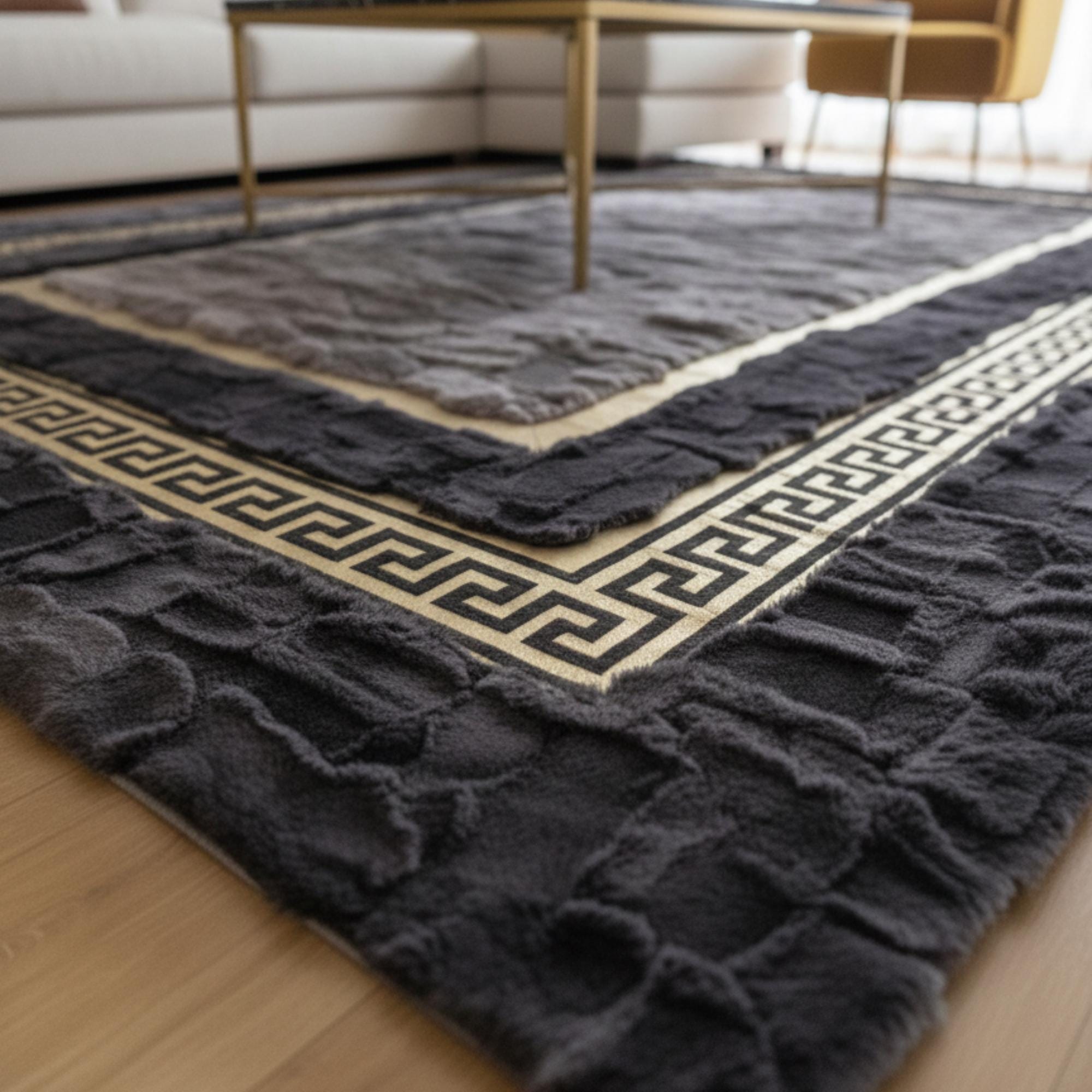 Black and Grey Rabbit Rug, Soft Fur Area Rugs, Modern Geometric Rug,