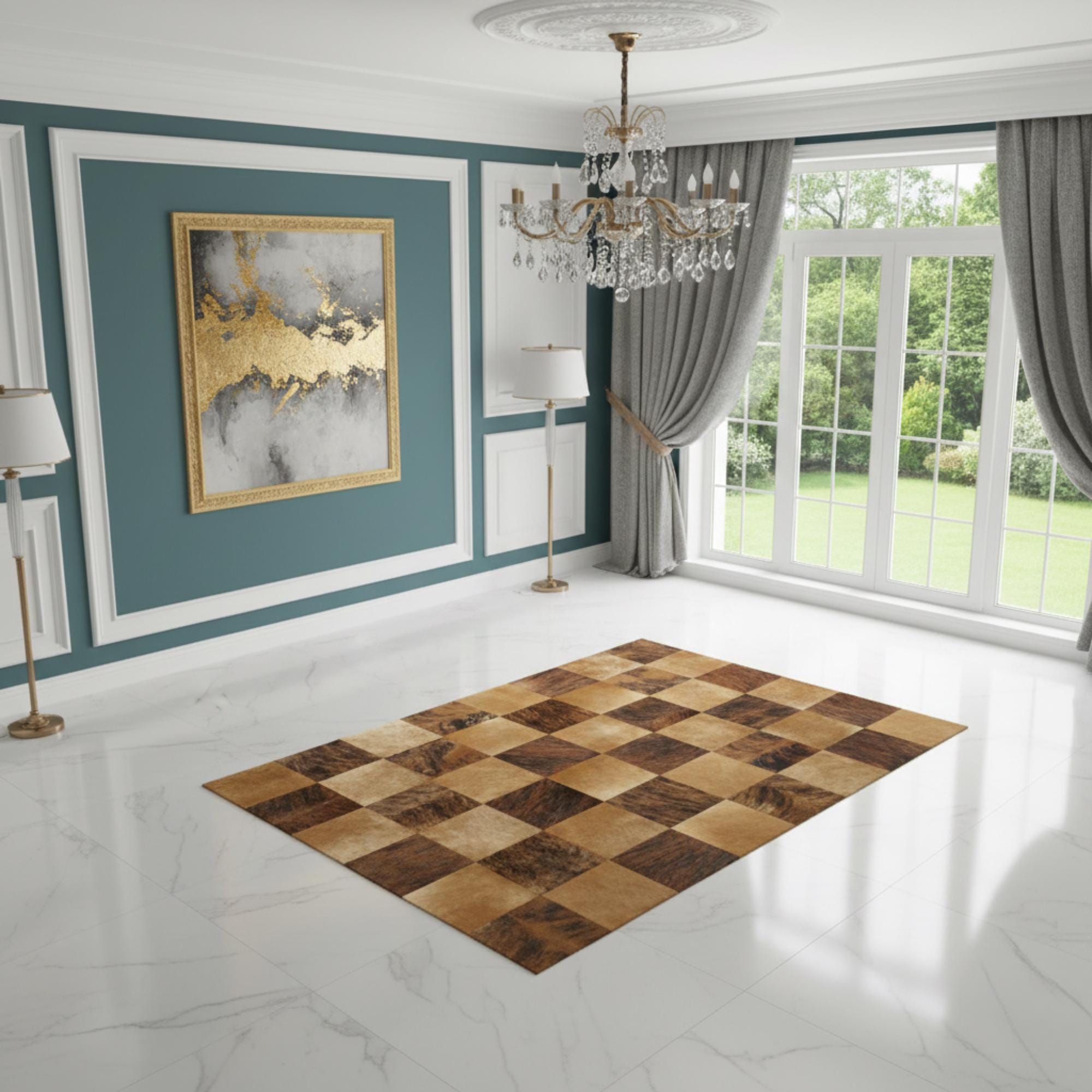 Brown Cowhide Rug, Leather Patchwork Area Rugs, Modern Geometric Living Room Rugs