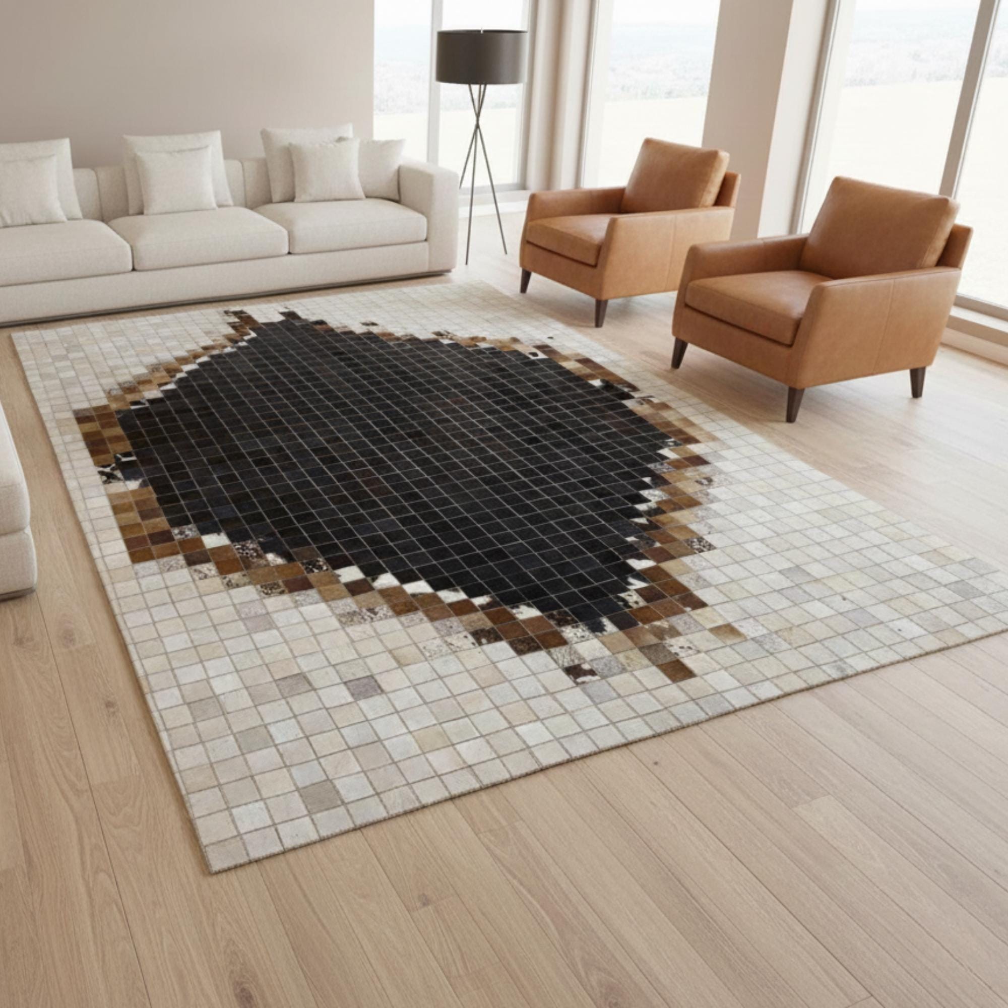 Black and Cream Cowhide Rug, Luxury Patchwork Area Rug