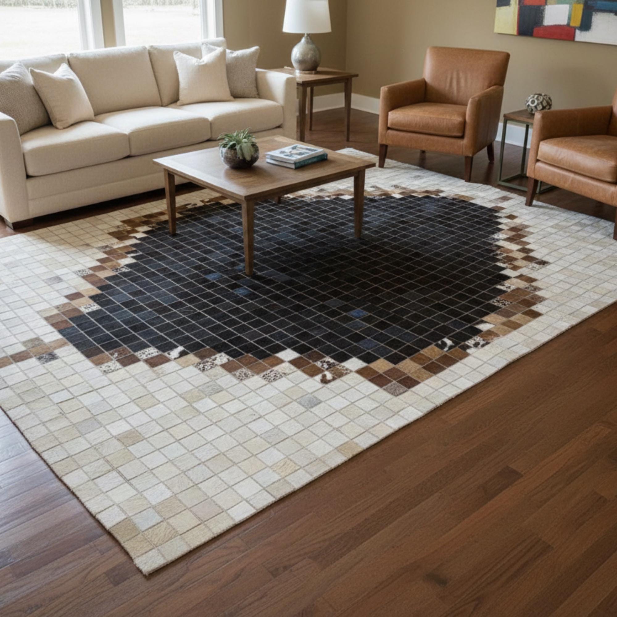 Black and Cream Cowhide Rug, Luxury Patchwork Area Rug