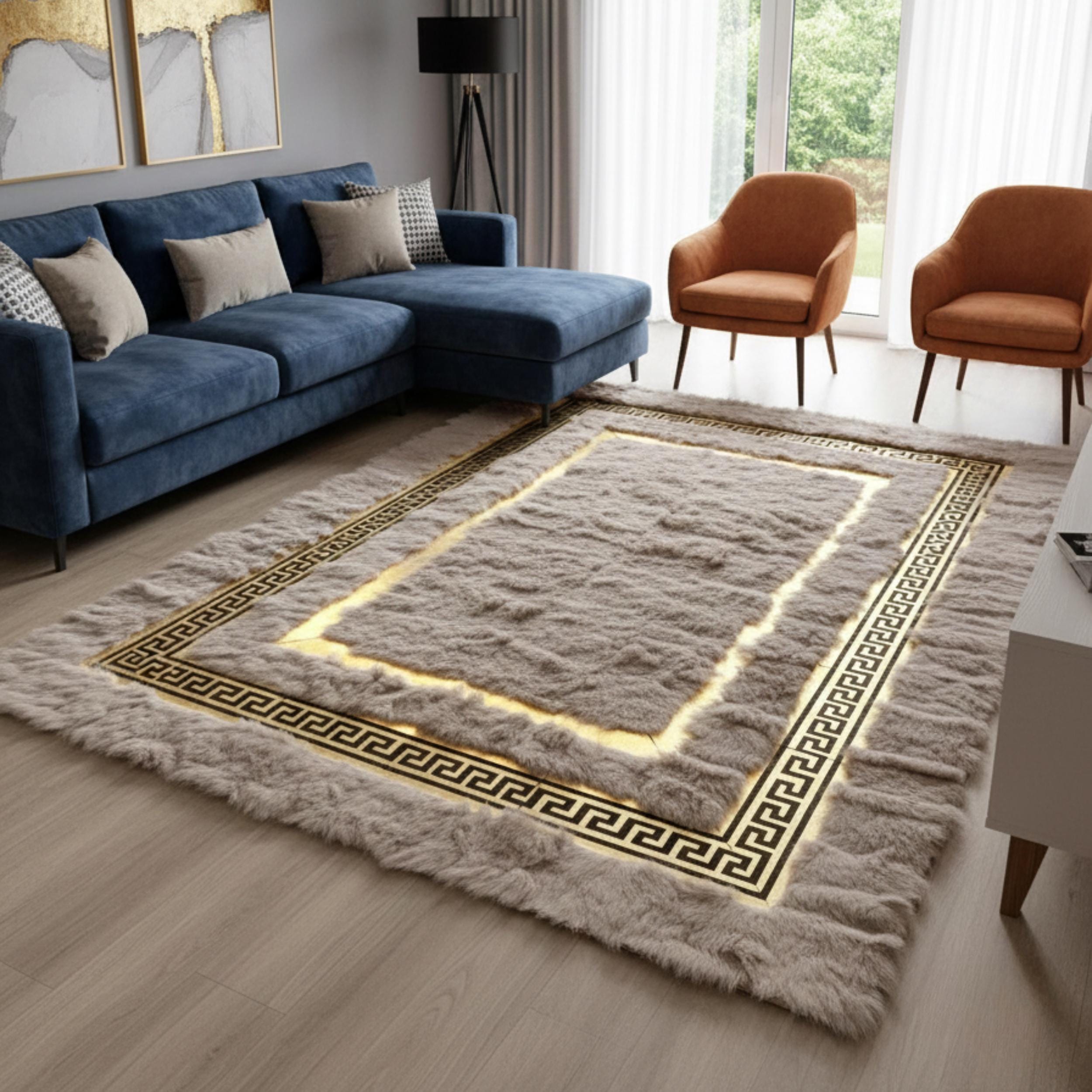 Cream and Gold Tuscan Rug, Luxury Fur Area Rugs, Soft Bedroom Rugs