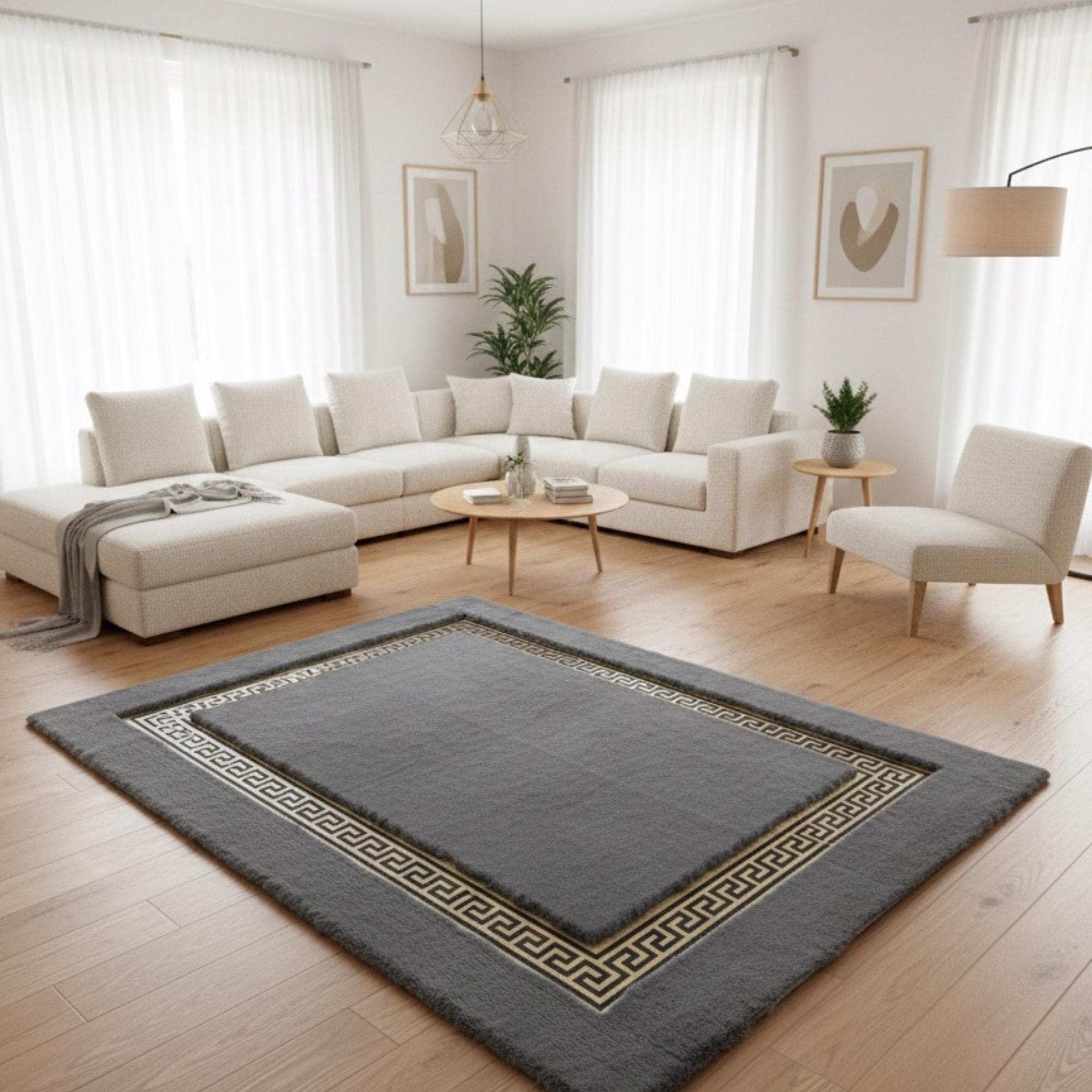 Gray and Gold Rug, Luxury Plush Area Rugs, Modern Geometric Rugs