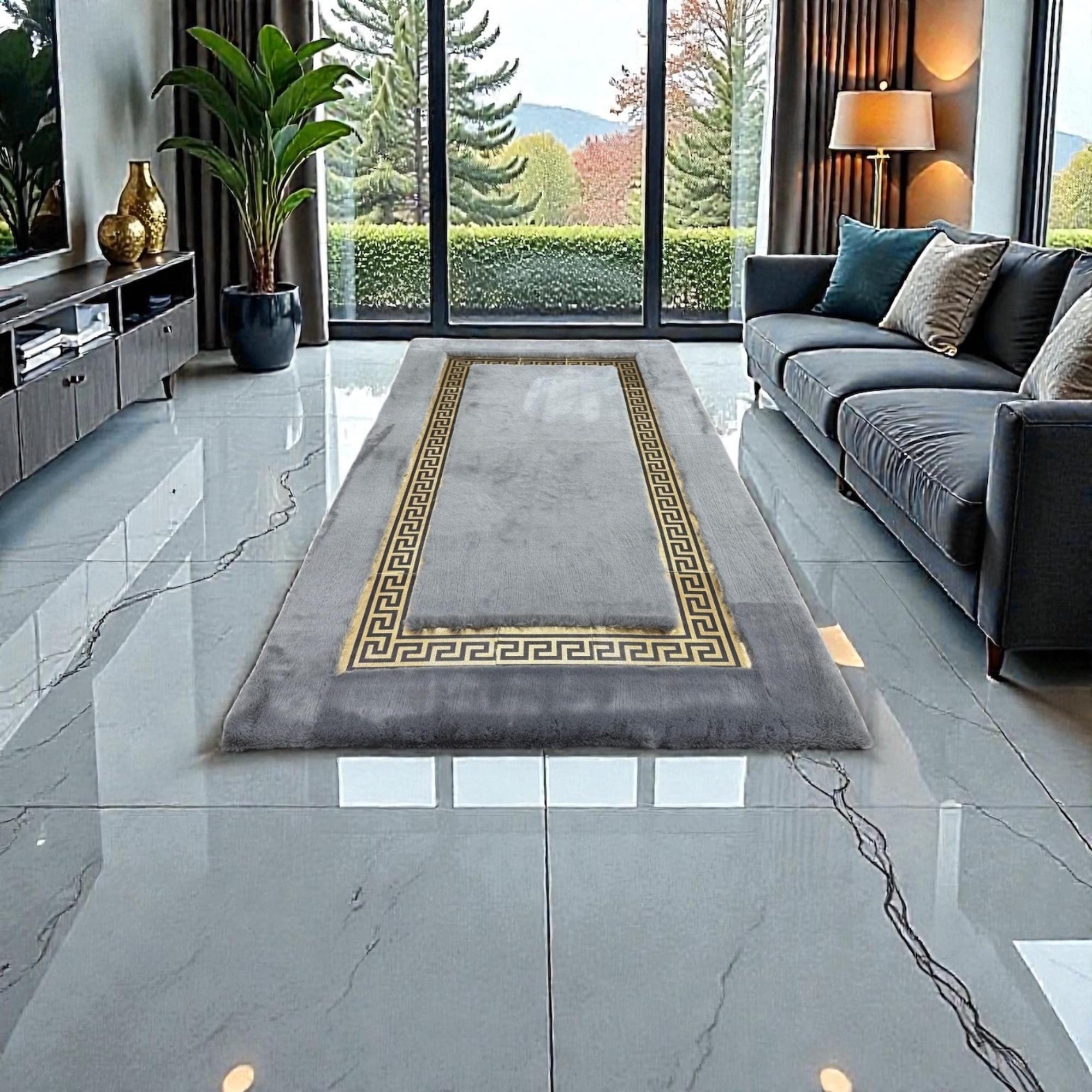 Gray and Gold Rug, Luxury Plush Area Rugs, Modern Geometric Rugs