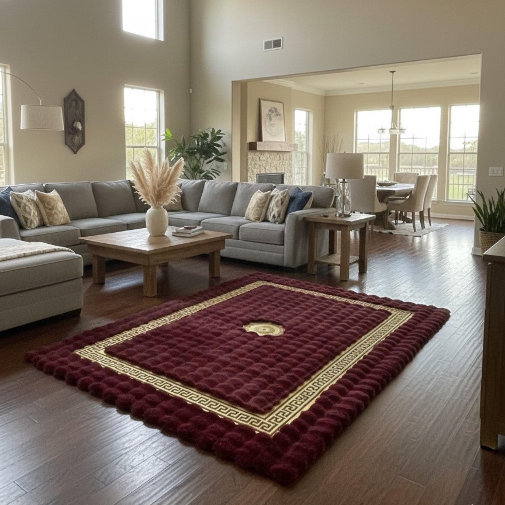 Burgundy and Gold Rug, Luxury Plush Rug,