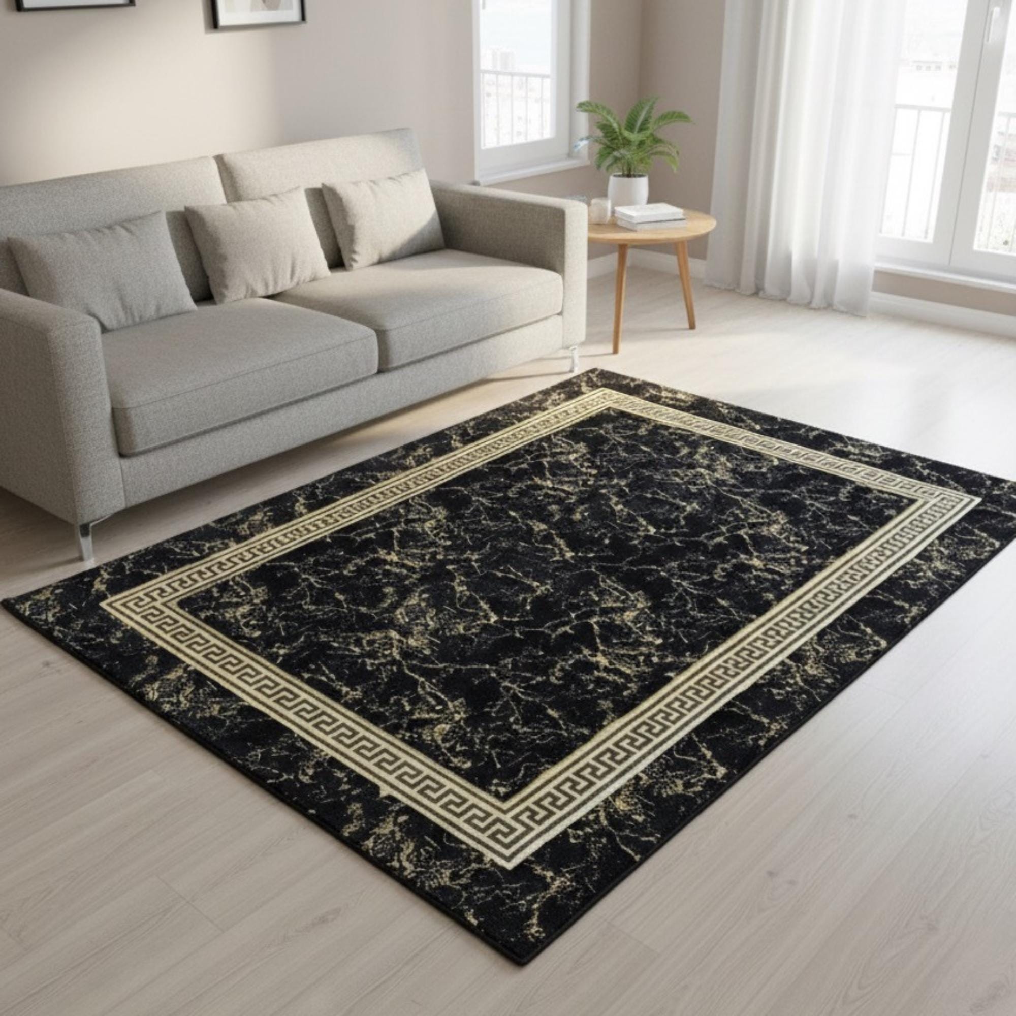 Black and Gold Plush Rug, Marble Pattern Area Rug,