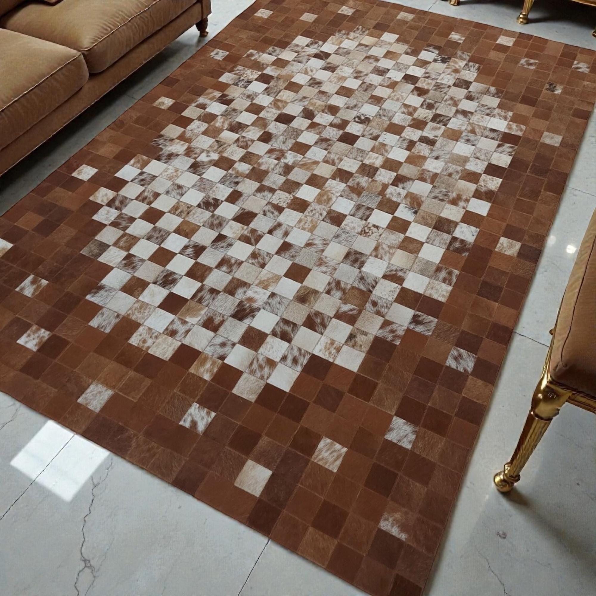 Brown Cowhide Rug, Leather Patchwork Area Rug,