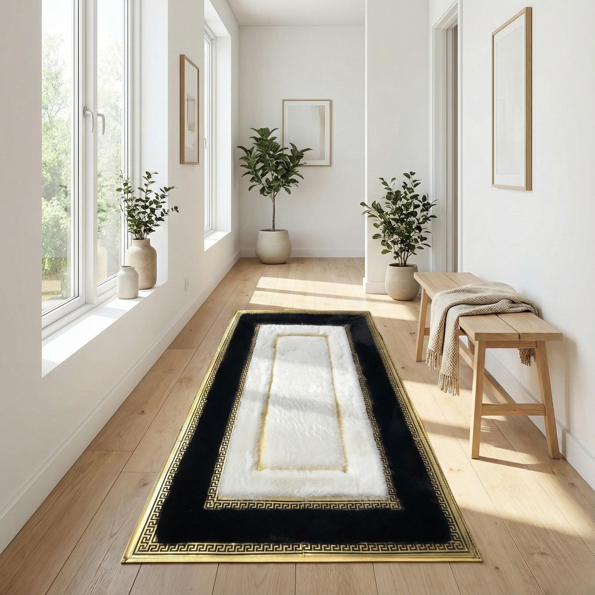 Black and White Plush Runner Rug, Gold Geometric Hallway Carpet