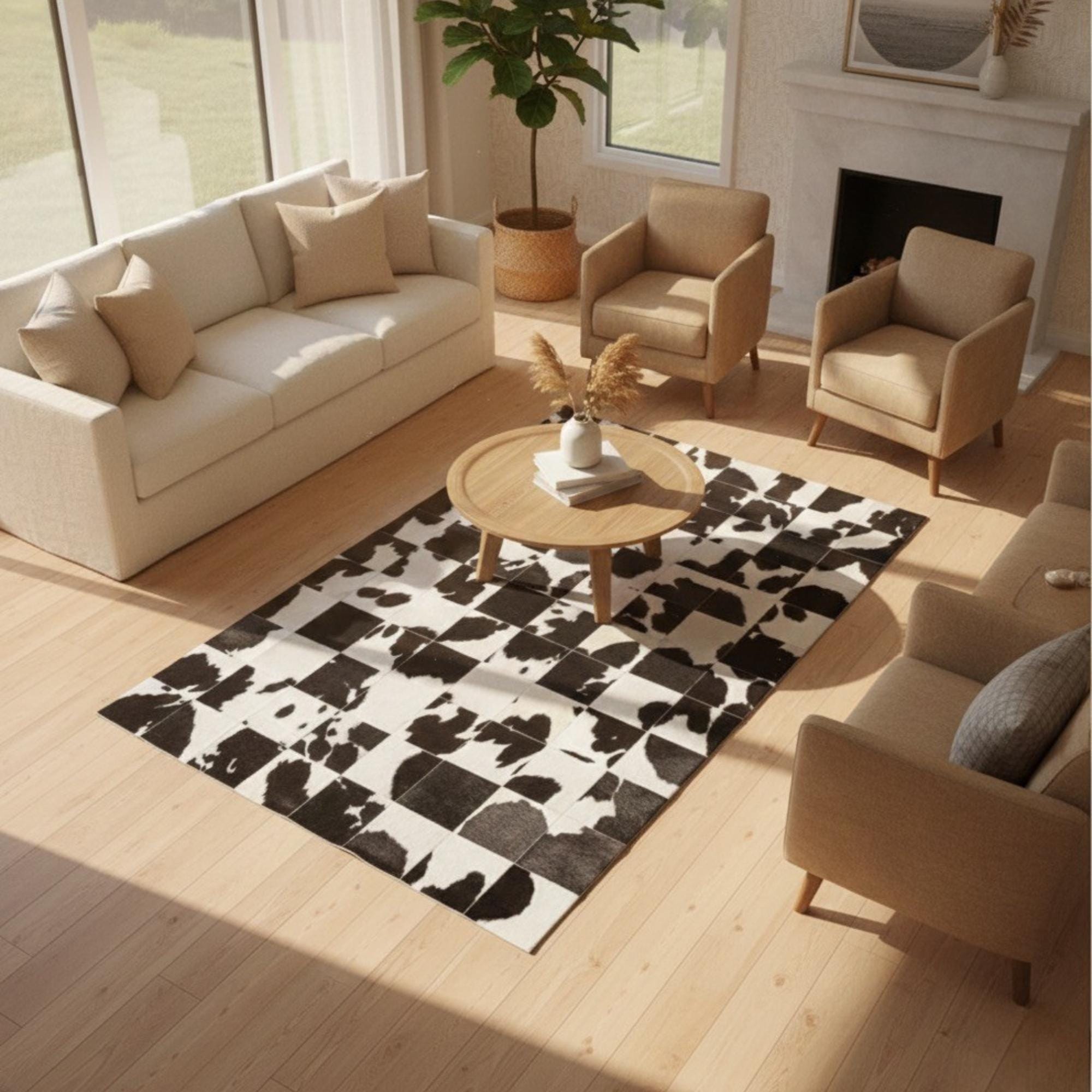 Black and White Cowhide Rug, Modern Patchwork Area Rug