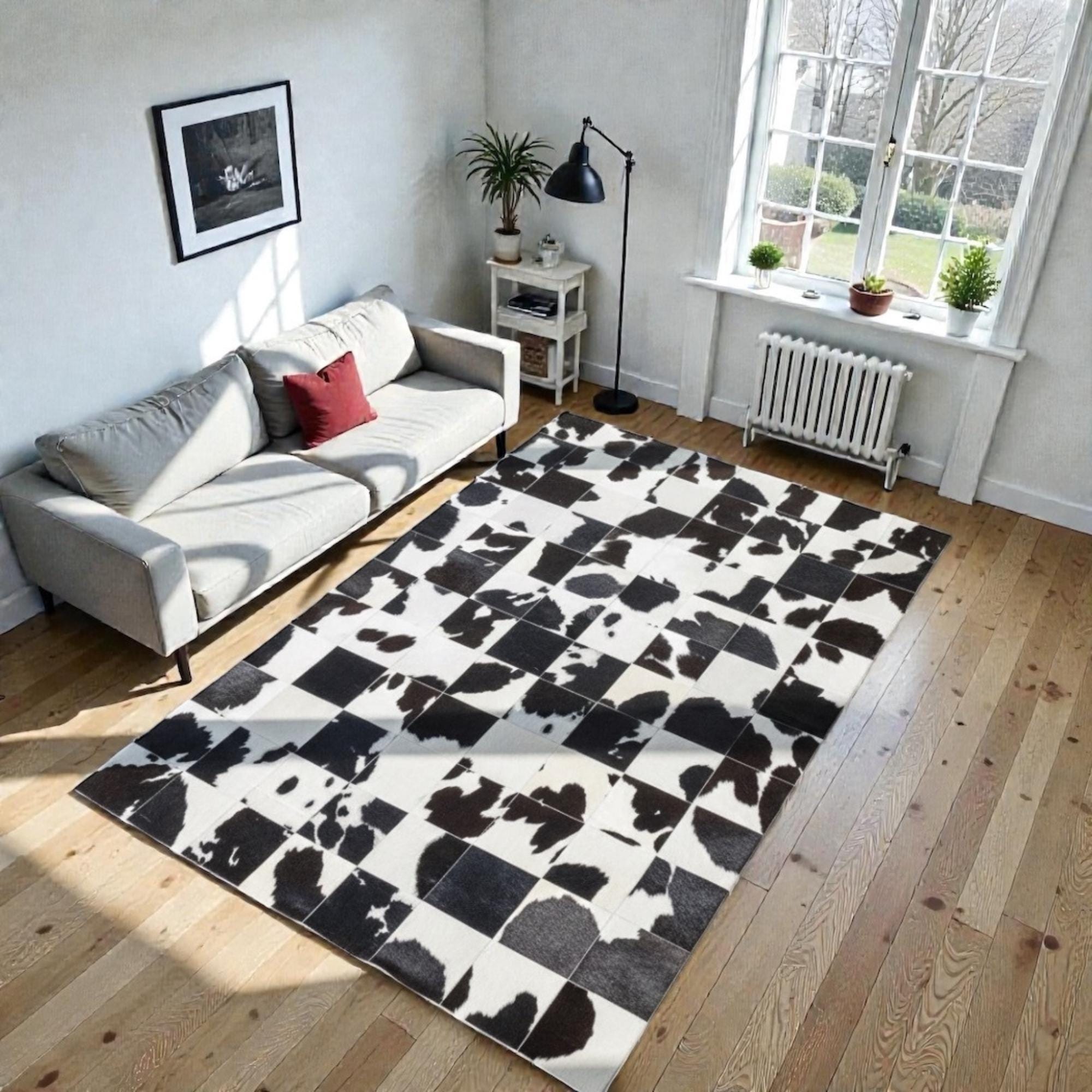 Black and White Cowhide Rug, Modern Patchwork Area Rug
