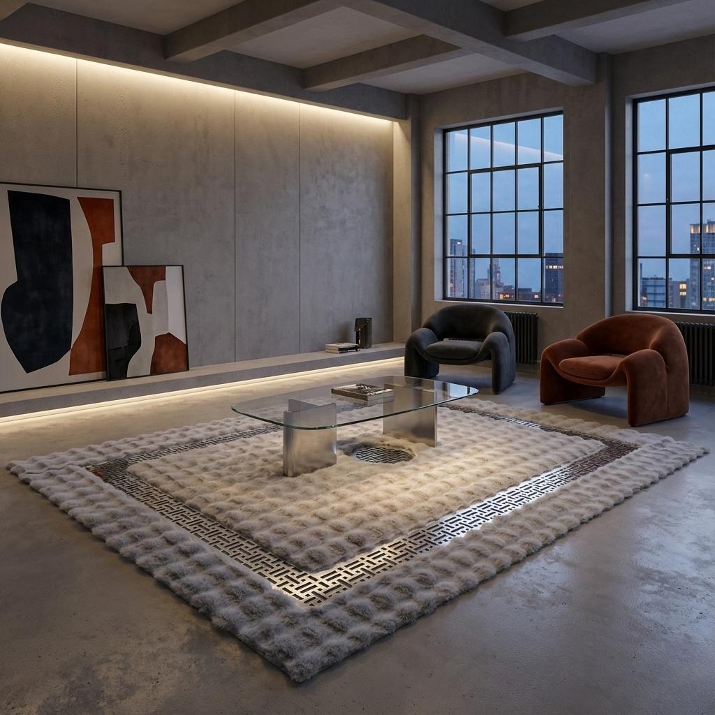 Grey Plush Rug, Area Rug, Silver Geometric Border Carpet, Modern Handmade Rug