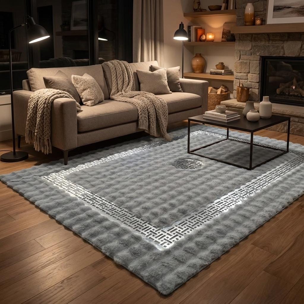 Grey Plush Rug, Area Rug, Silver Geometric Border Carpet, Modern Handmade Rug
