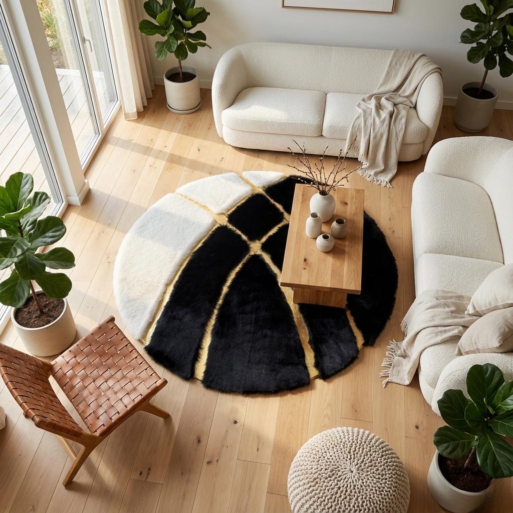 Black and White Circle Area Rug, Round Plush Rug, Gold Line Geometric Carpet