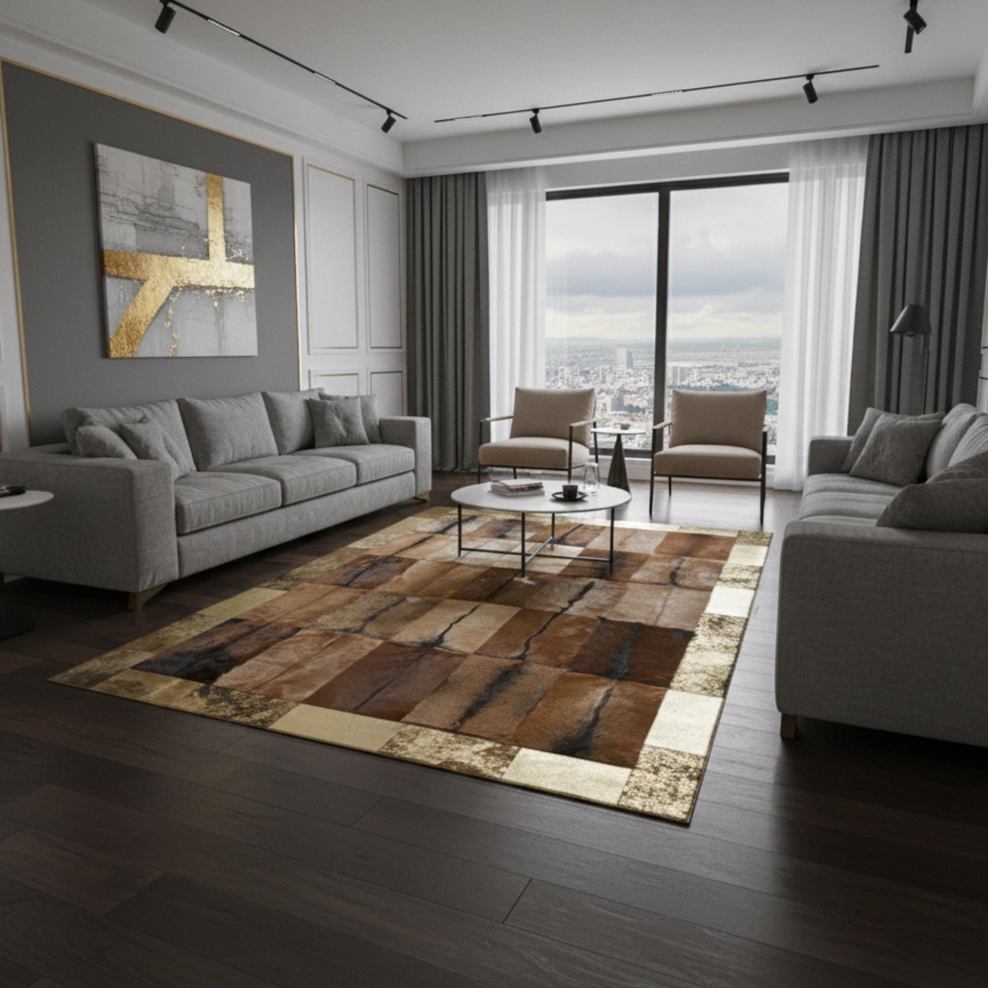 Handmade Goatskin Patchwork Rug Gold Details | Natural Leather Area Rug