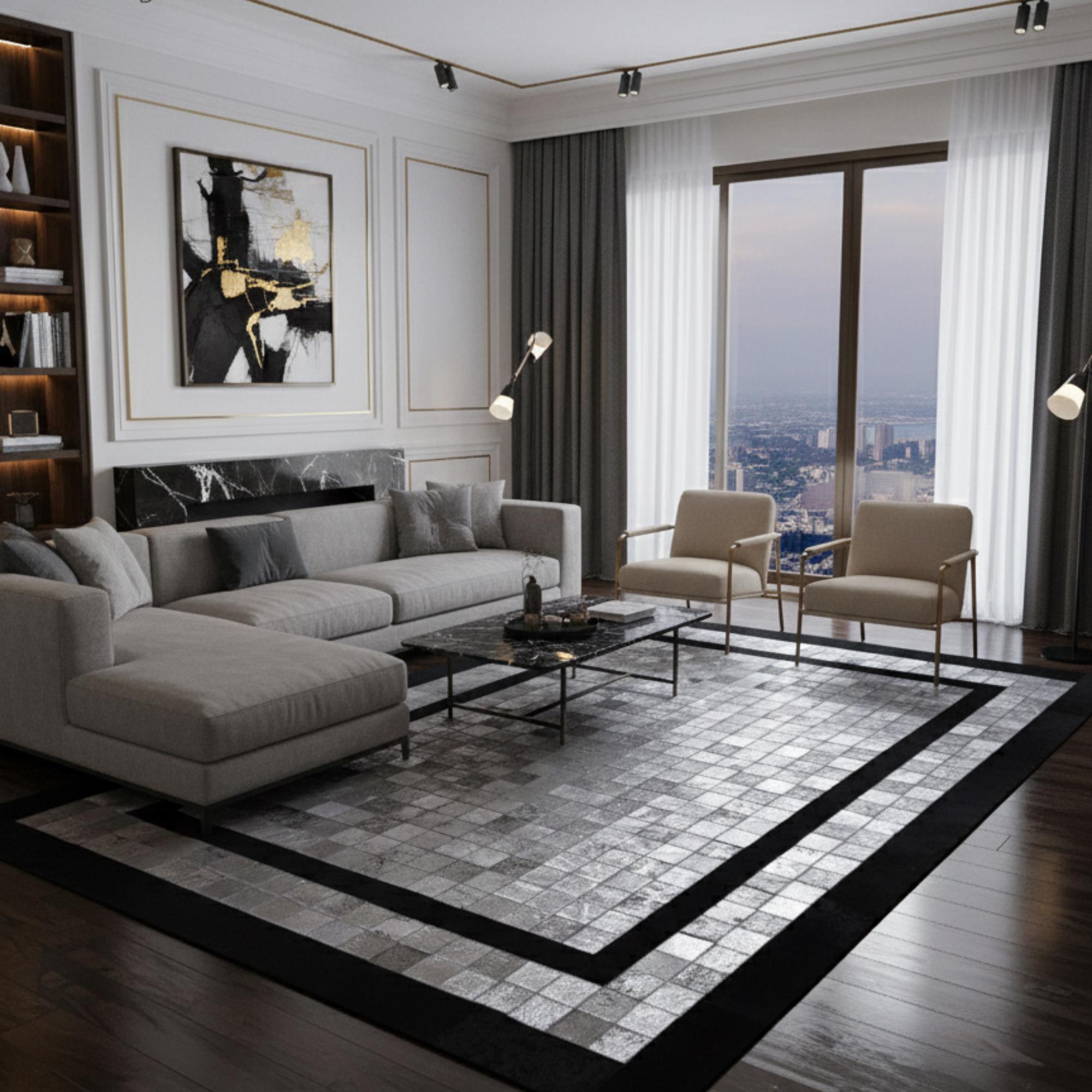 Silver and Black Cowhide Rug, Patchwork Area Rug, Metallic Leather Floor Mat