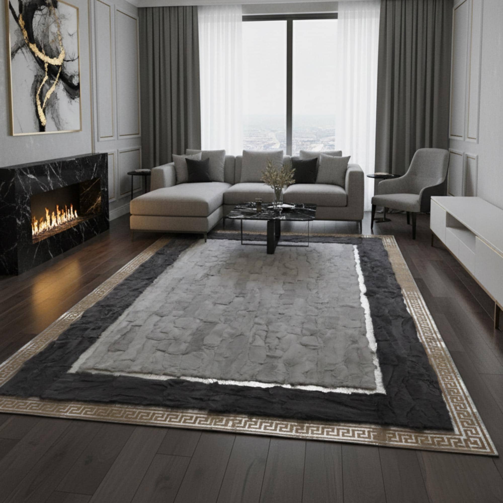 Gray and Black Rabbit Fur Rug, Ultra Fur Area Rug, Dark Gray Living Room Carpet