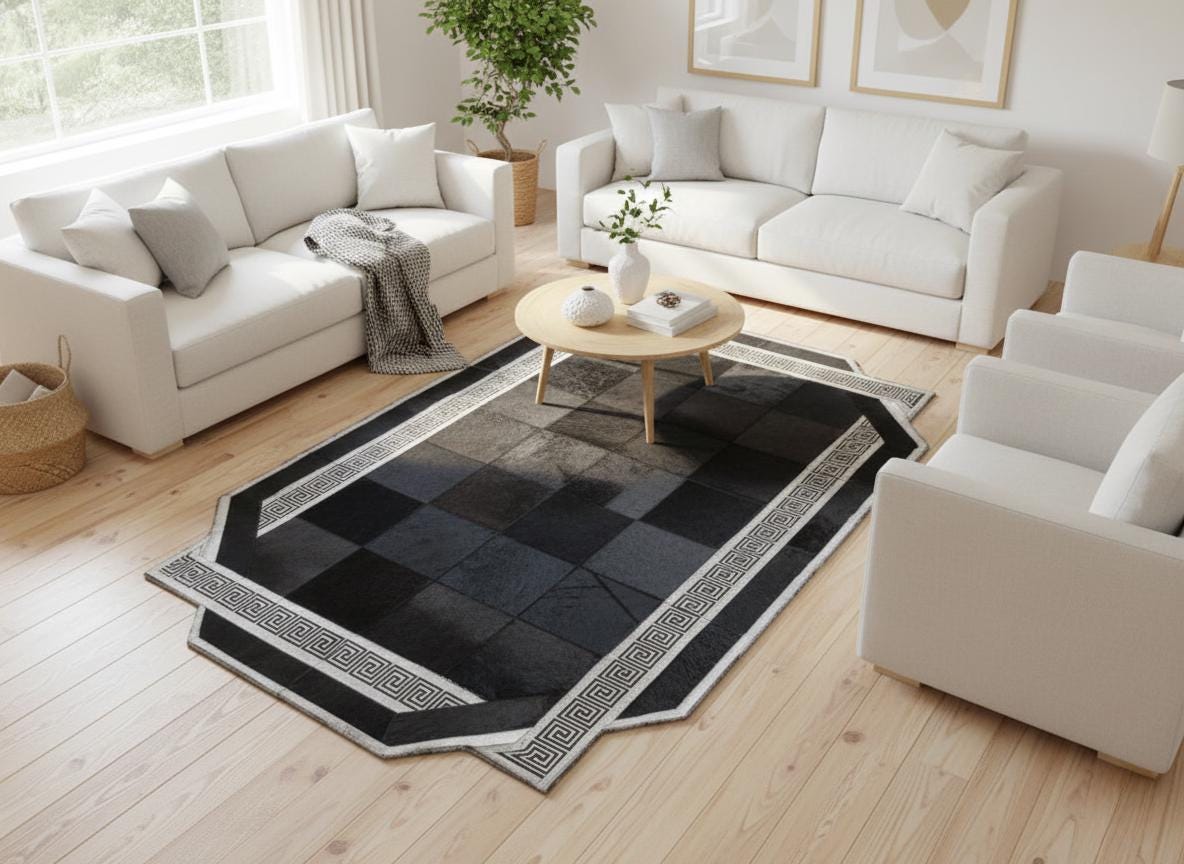 Black Cowhide Patchwork Rug, Geometric Border, Custom Size