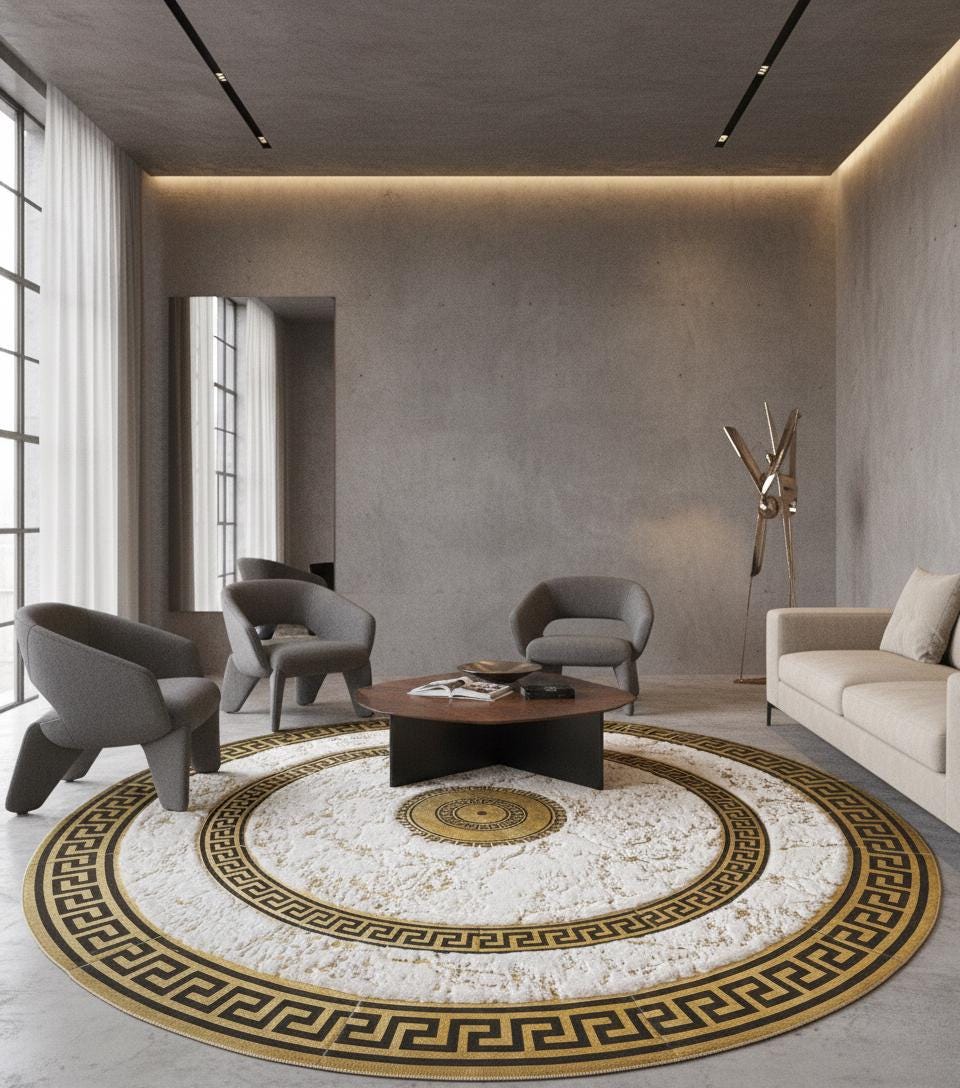 Round Faux Fur Rug, White and Gold Geometric Border, Plush Living Room Decor