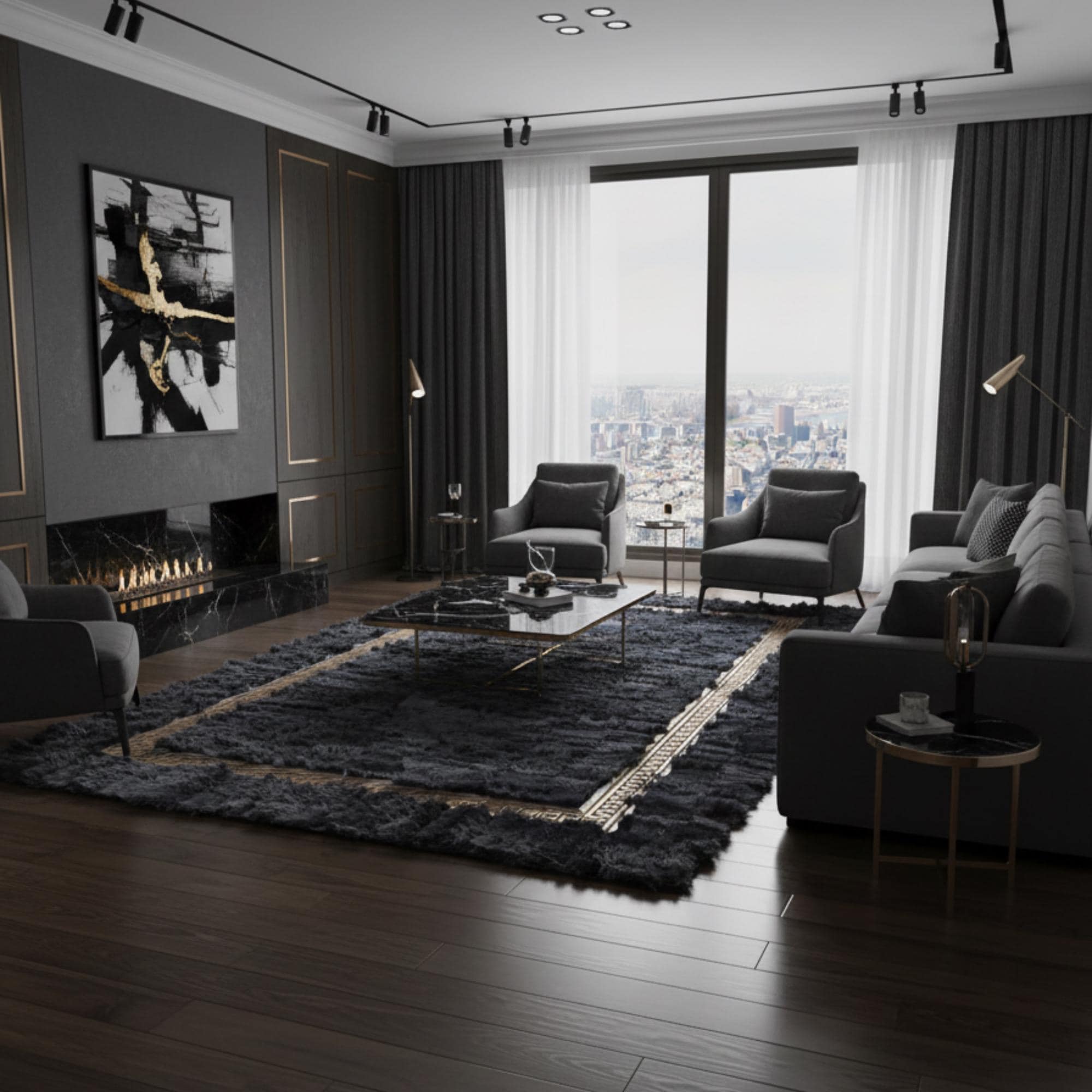 Luxury Gray Toscana Sheepskin Area Rug with Gold Border,
